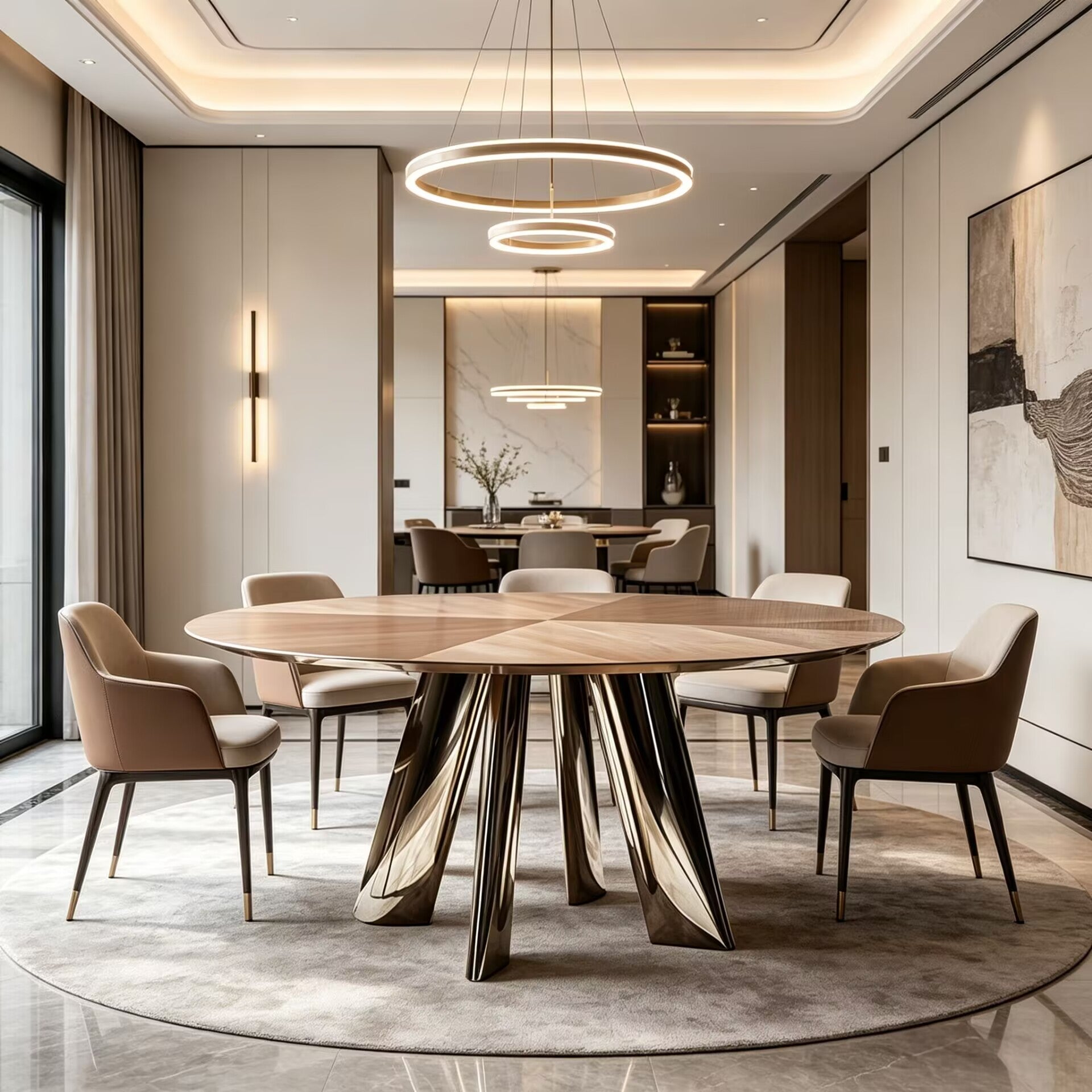 Dress Artistic Stainless Steel Designer Solid Wood Round Dining Table