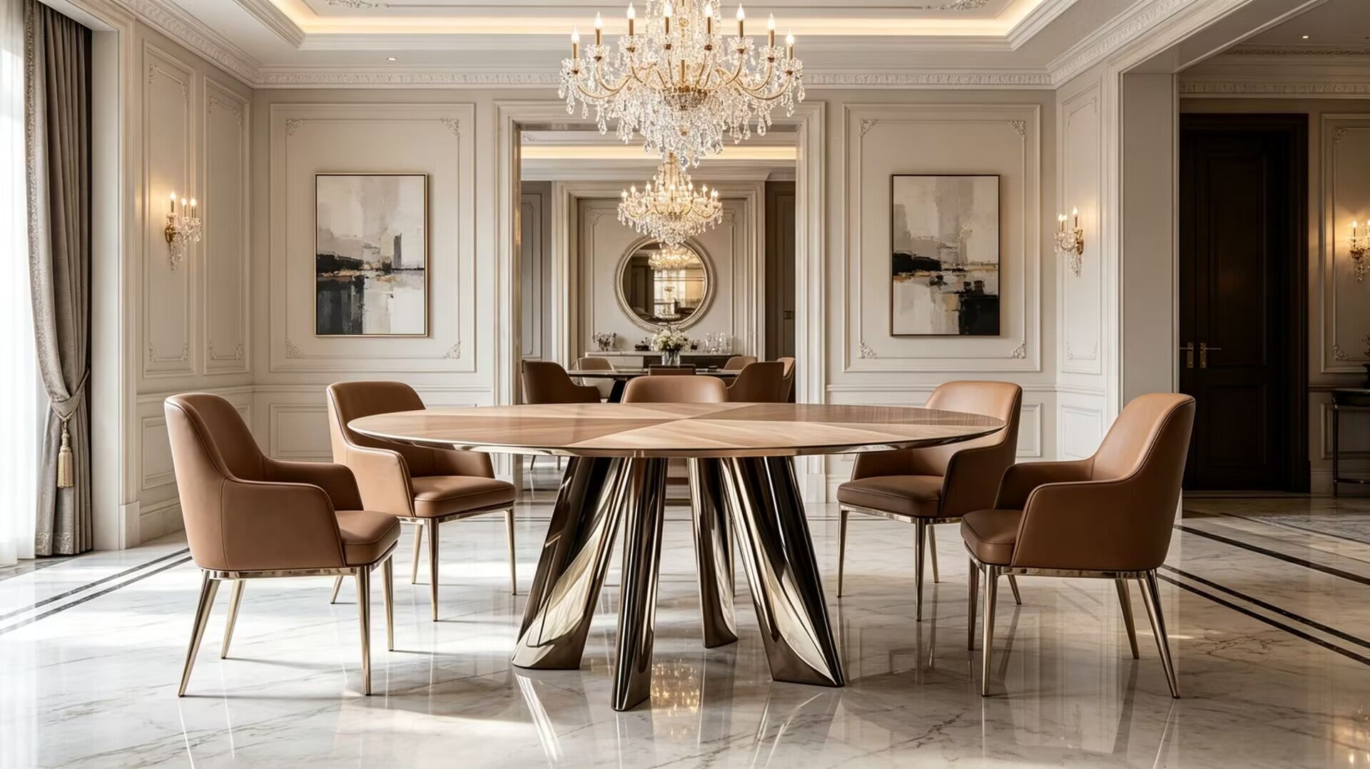 Dress Artistic Stainless Steel Designer Solid Wood Round Dining Table