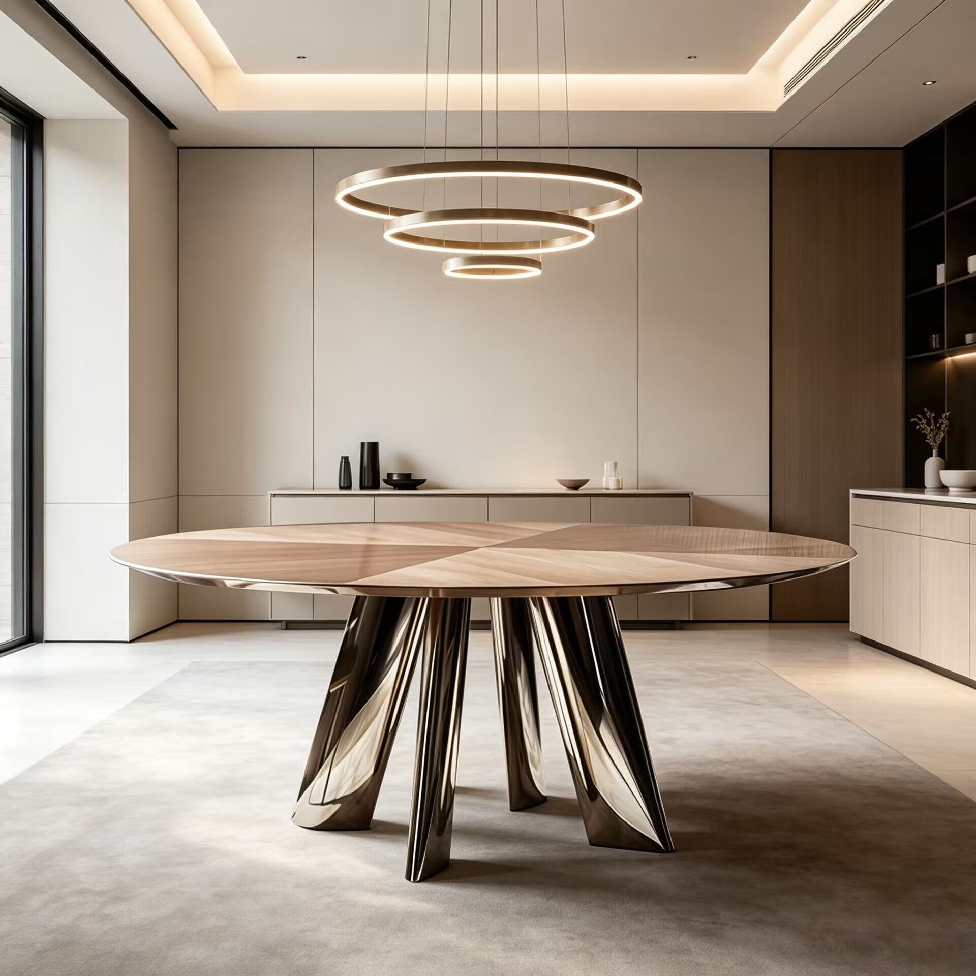 Dress Artistic Stainless Steel Designer Solid Wood Round Dining Table