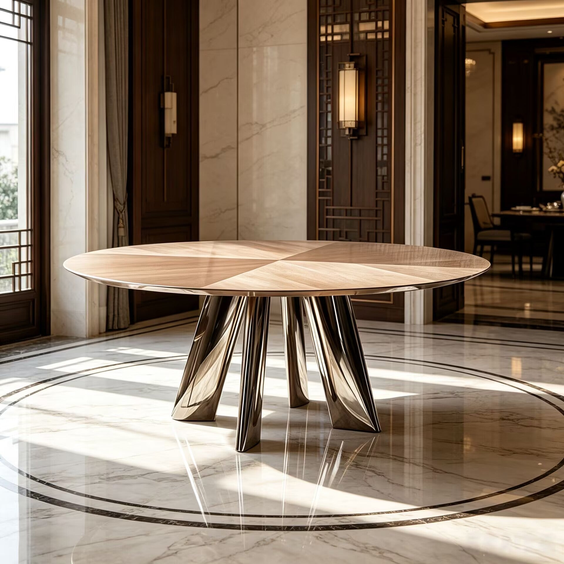 Dress Artistic Stainless Steel Designer Solid Wood Round Dining Table
