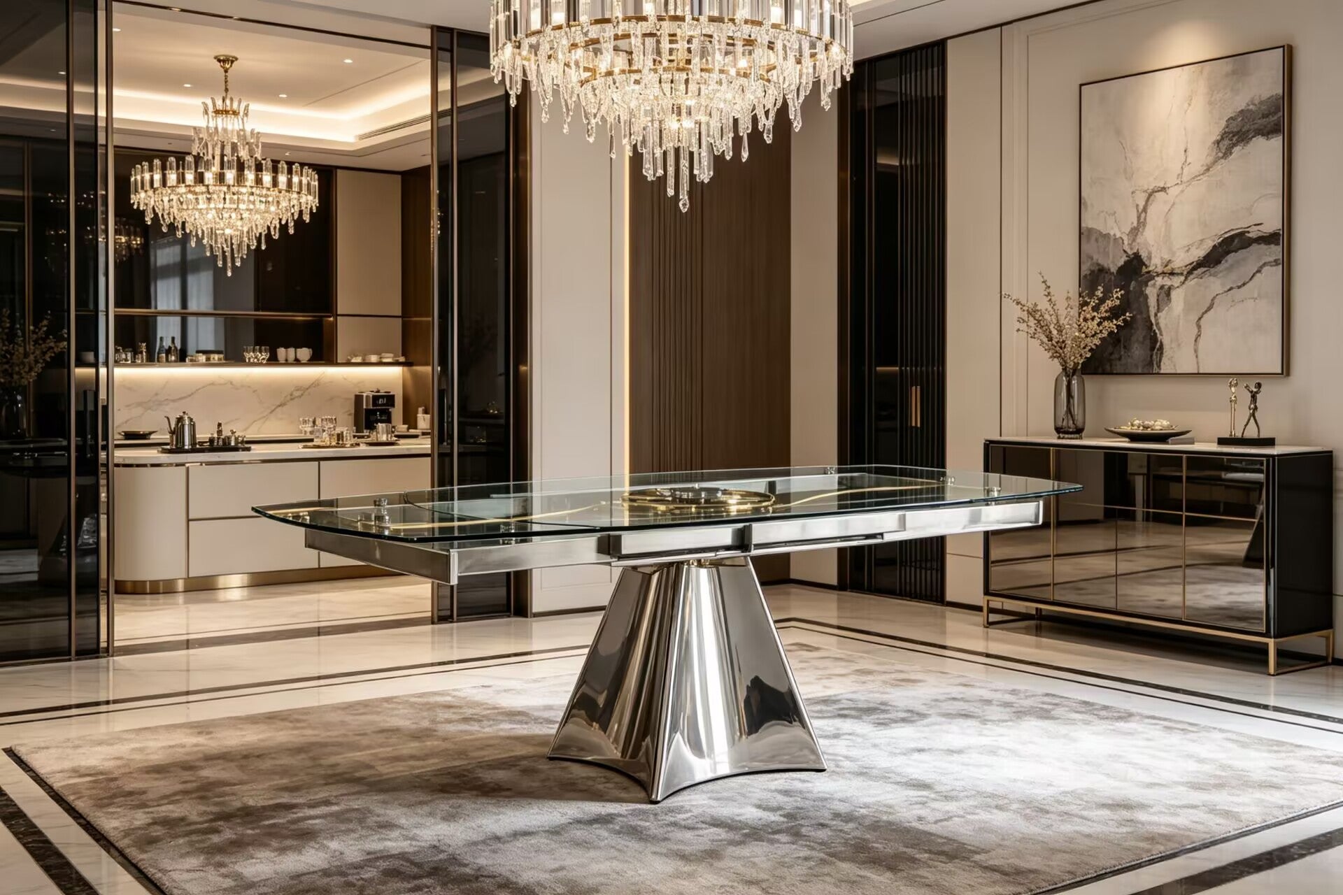 Extensible Art Rotation Stainless Steel Glass Customize Dining Table