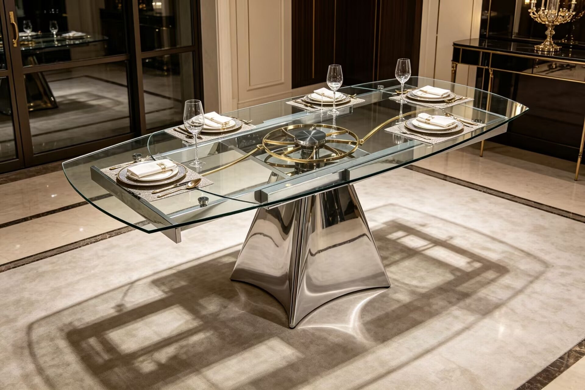Extensible Art Rotation Stainless Steel Glass Customize Dining Table