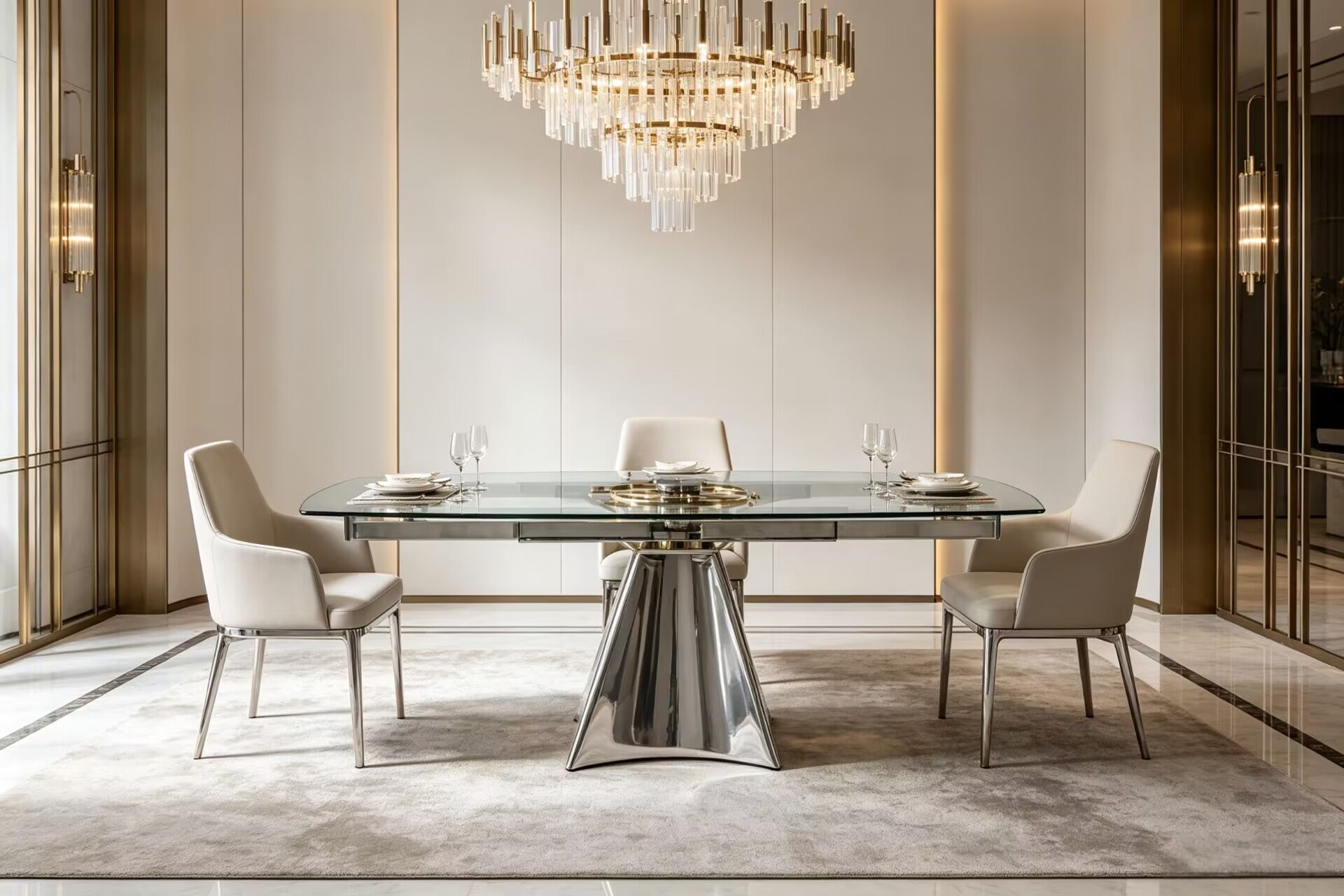 Extensible Art Rotation Stainless Steel Glass Customize Dining Table