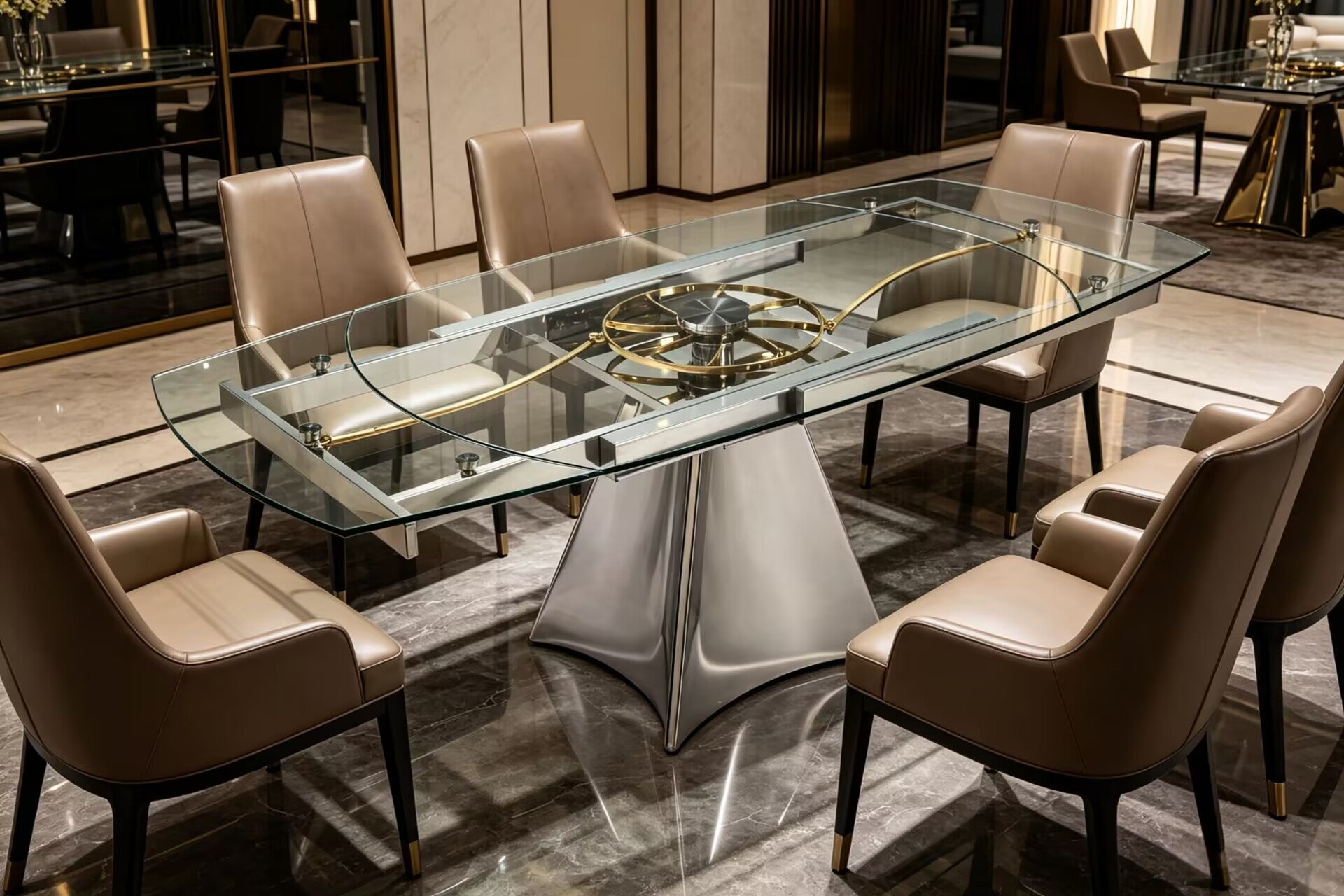 Extensible Art Rotation Stainless Steel Glass Customize Dining Table