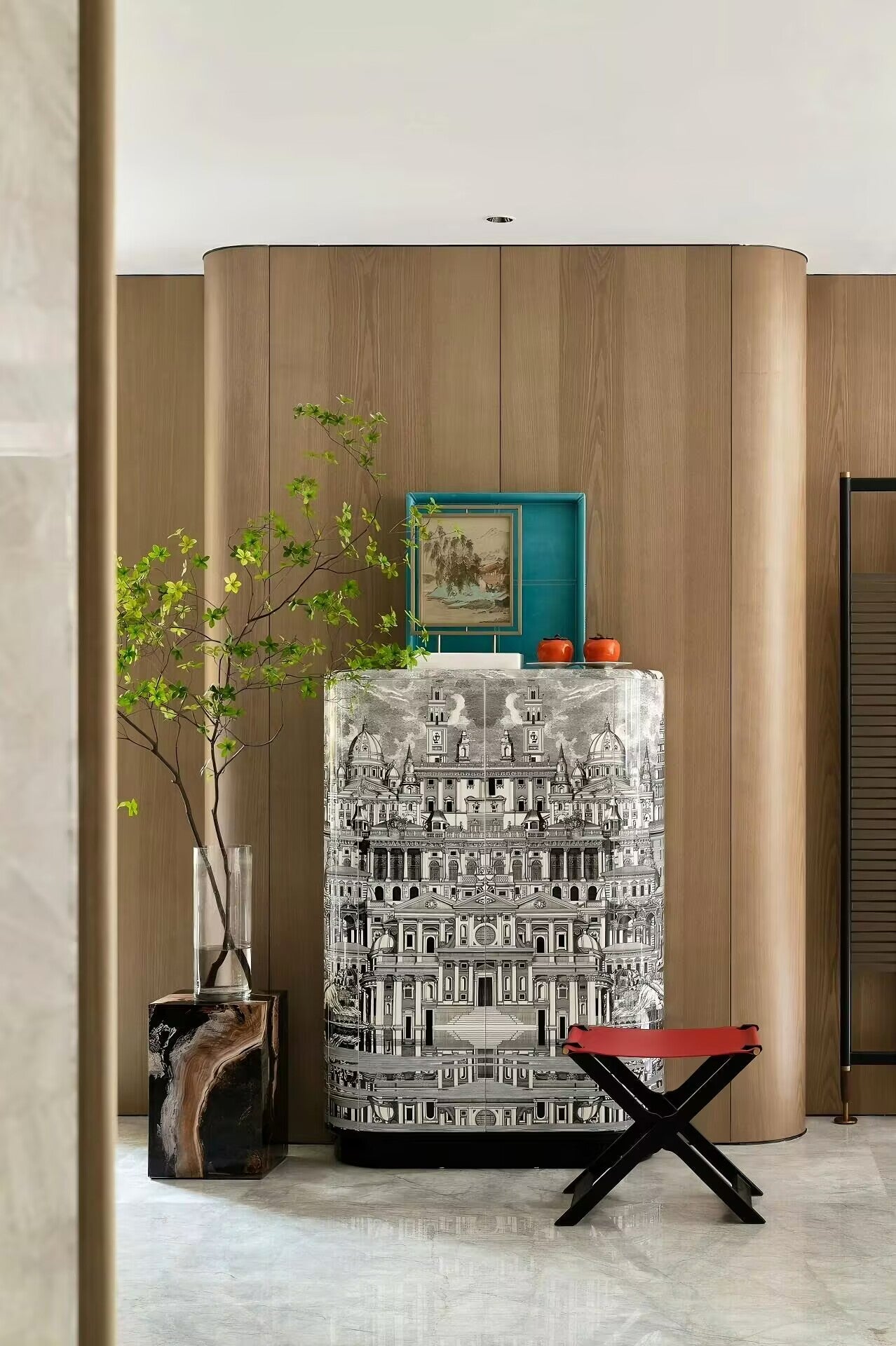 Fornasetti Retro Minimalism Hand-Drawn Solid Wood Wine Cabinet