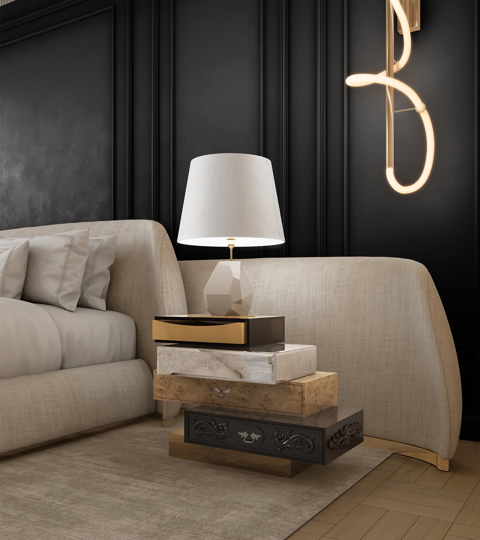 frank Villa multi-drawer solid wood irregular nightstand