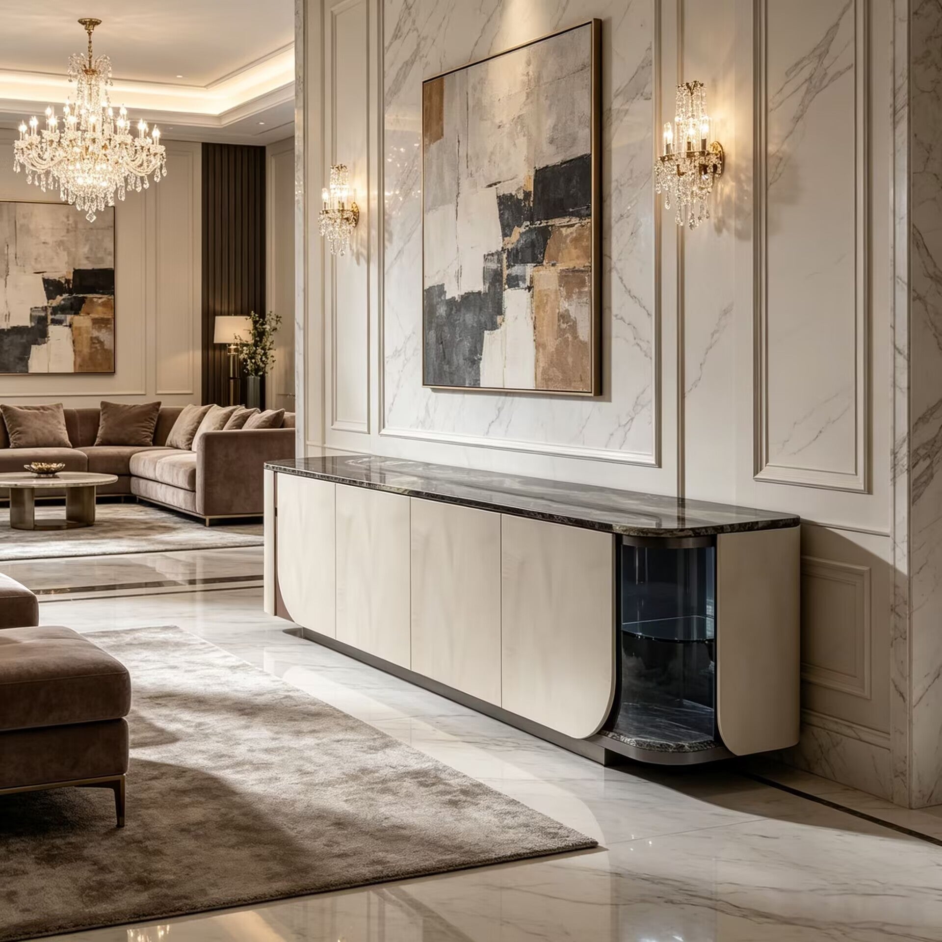 Hold Italian Upscale Solid Wood Creativity Marble Glass Sideboard