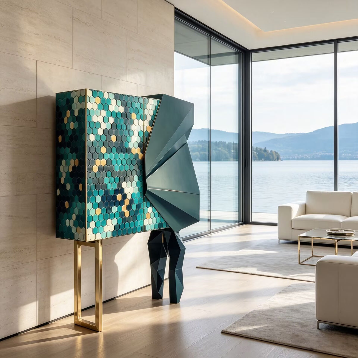 Honeycomb Irregular Geometry Artistic Solid Wood Wine Cabinet