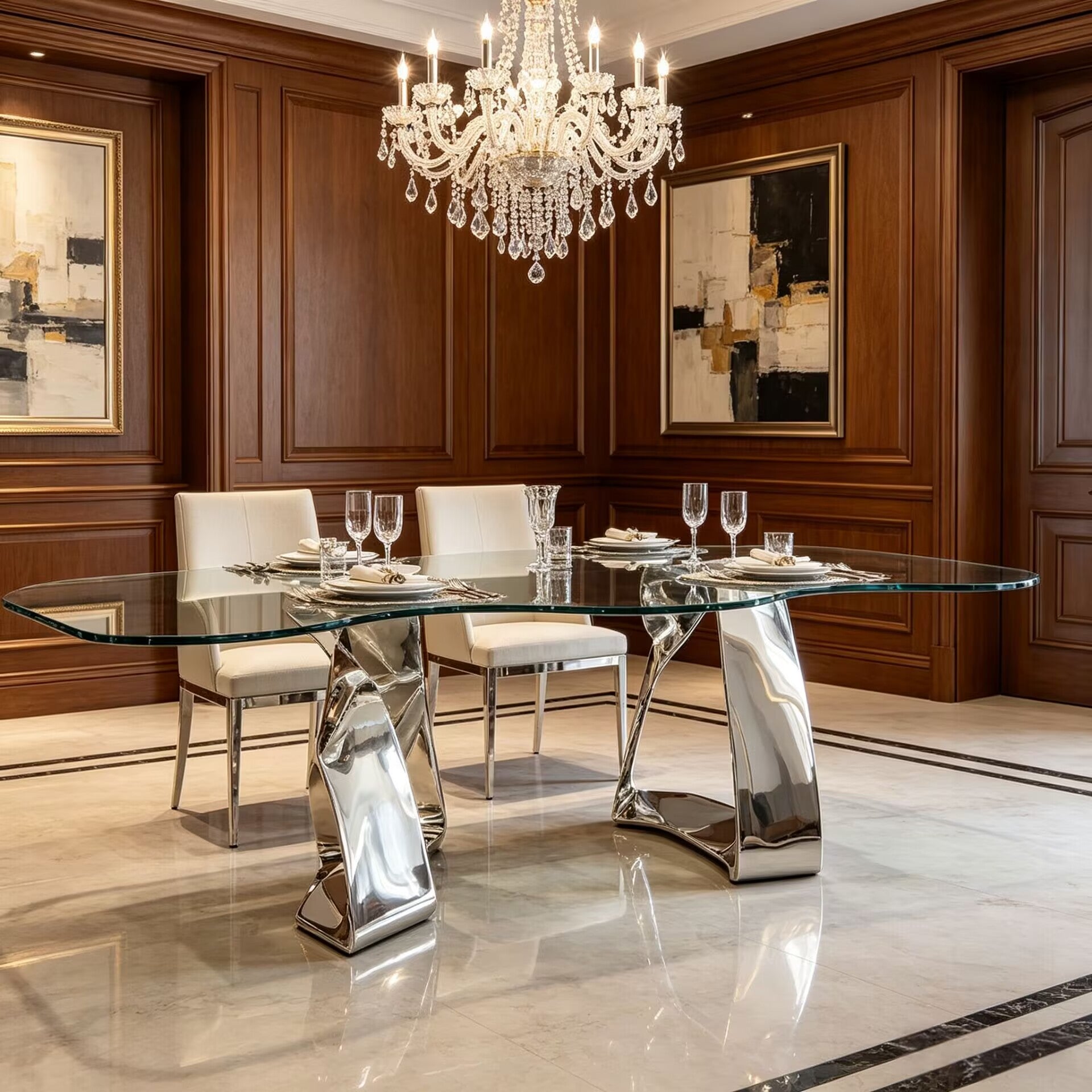 Intrigo Minimalism Stainless Steel Irregular Creativity Glass Dining Table