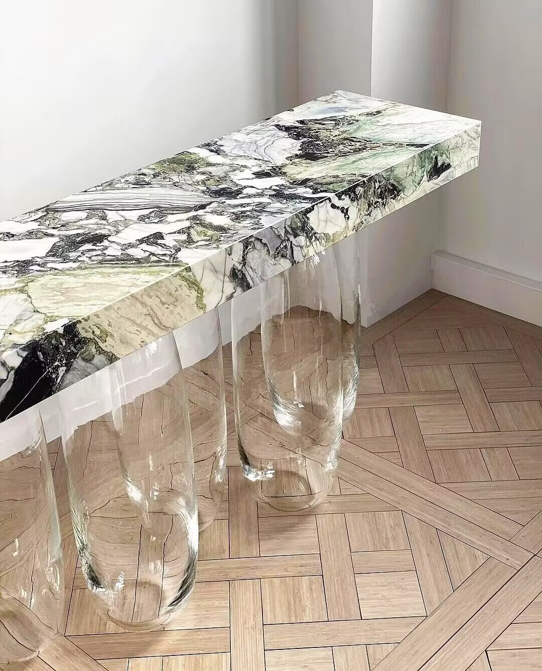 Inverted Gravity Artistic Tempered Glass Upscale Marble Console