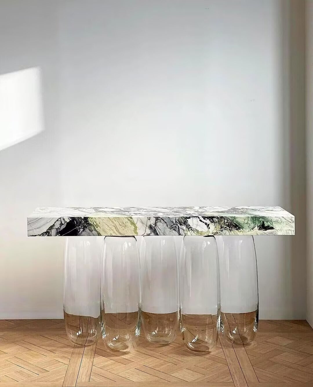 Inverted Gravity Artistic Tempered Glass Upscale Marble Console