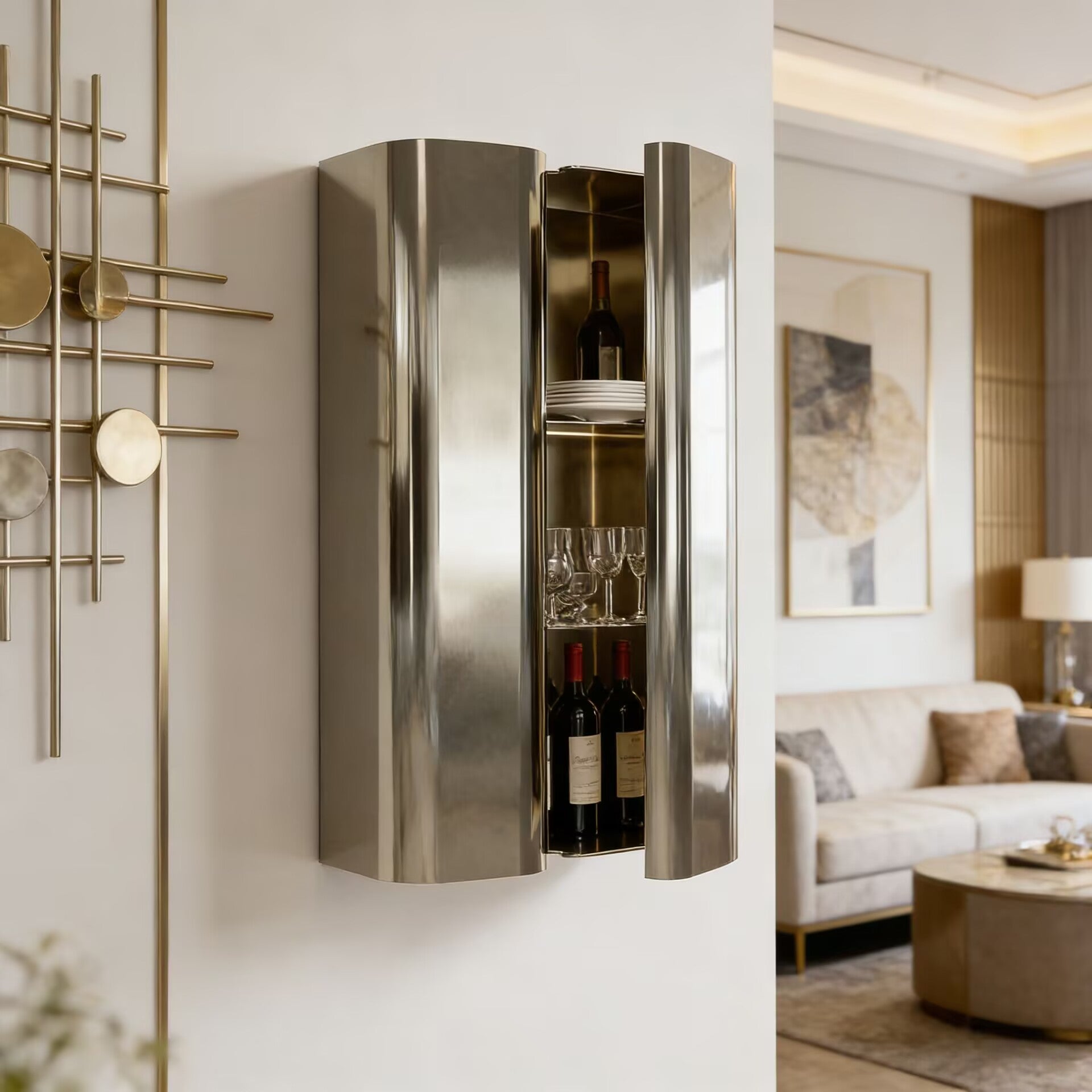 Joris Poggioli Artistic Stainless Steel Customize Suspension Wine Cabinet