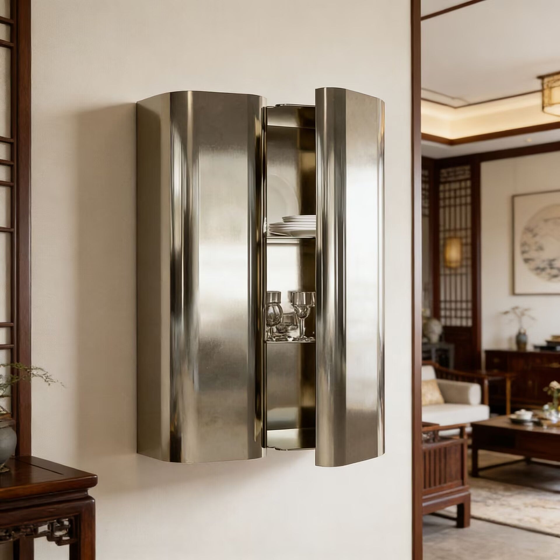 Joris Poggioli Artistic Stainless Steel Customize Suspension Wine Cabinet