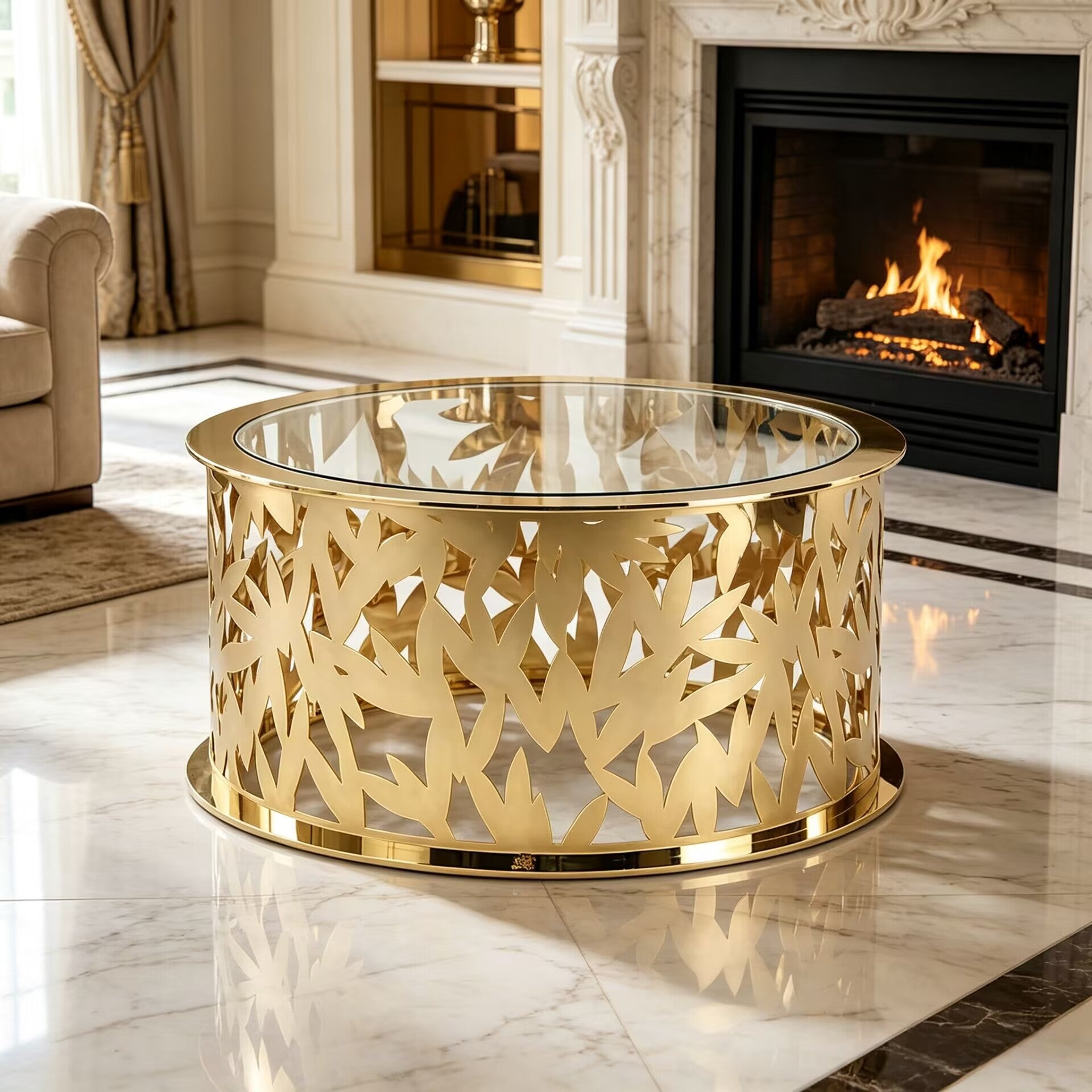 Lace Modern Art Stainless Steel Openwork Glass Coffee Table