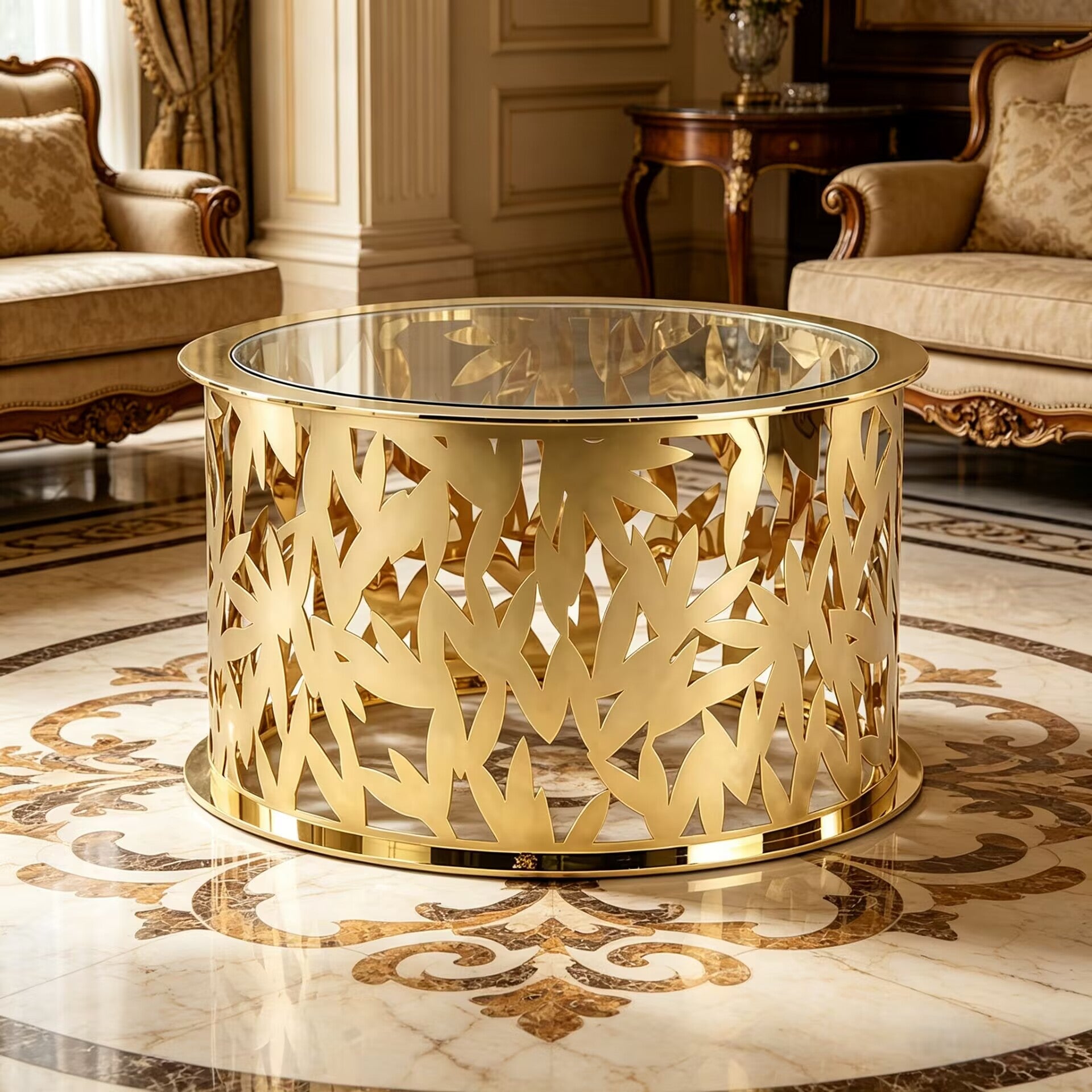 Lace Modern Art Stainless Steel Openwork Glass Coffee Table
