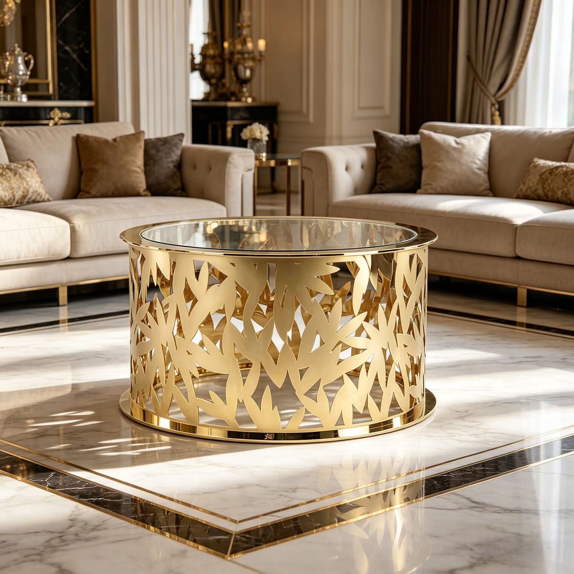 Lace Modern Art Stainless Steel Openwork Glass Coffee Table