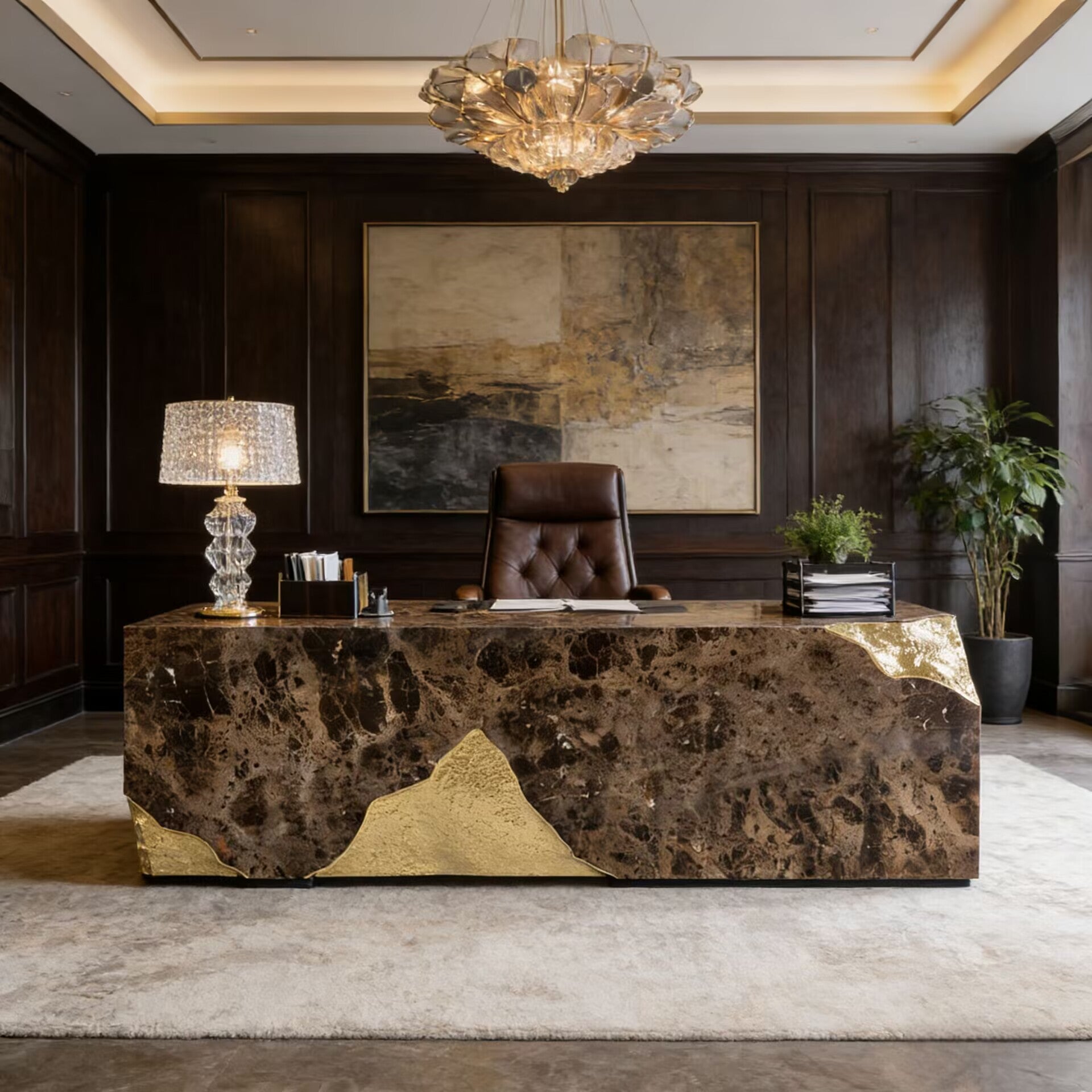 Lapiaz Modern Artistic Brass Upscale Luxury Natural Marble Desk
