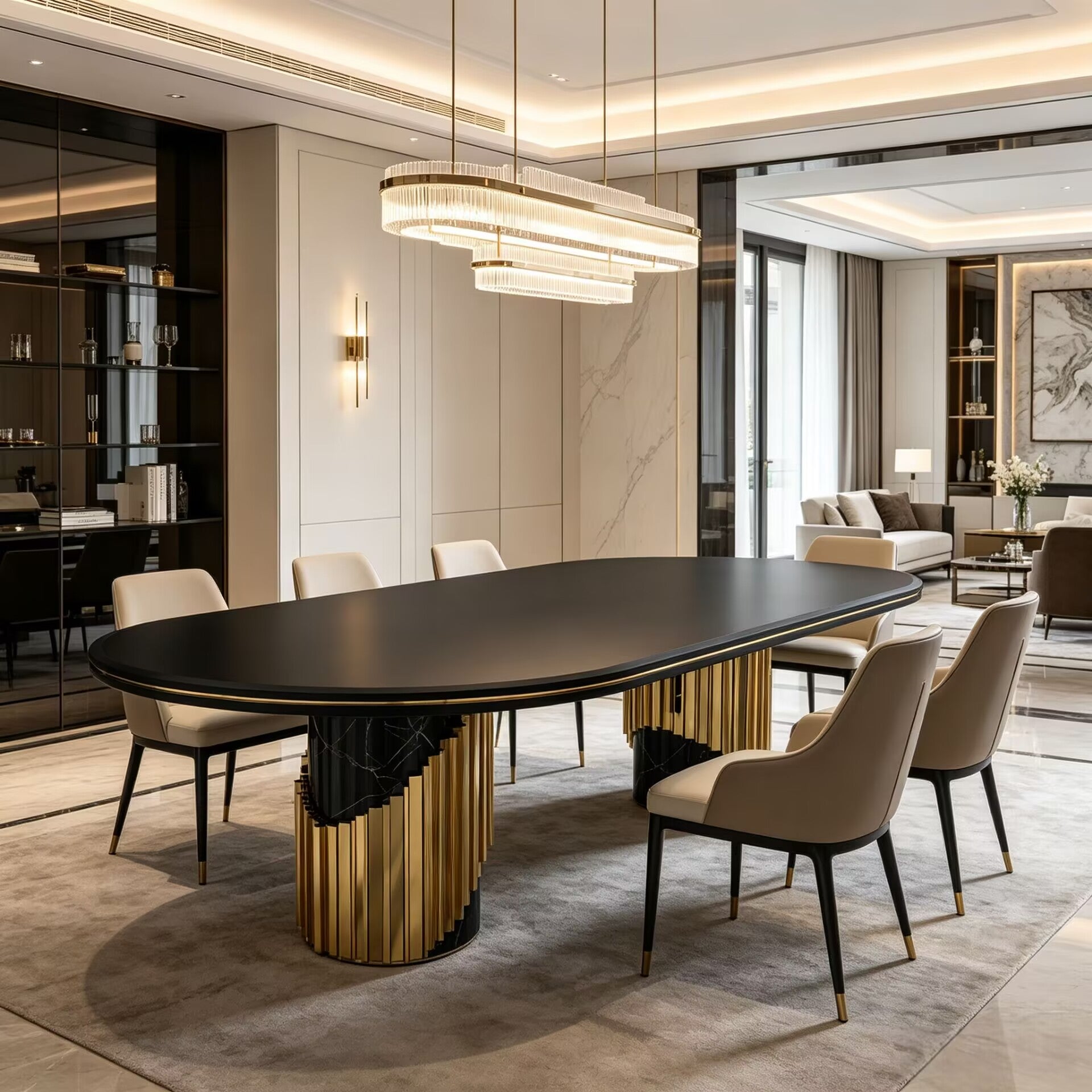 Littus Italian Creativity Brass High-End Marble Oval Dining Table