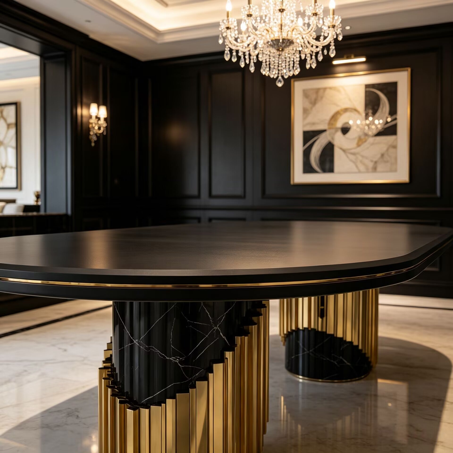 Littus Italian Creativity Brass High-End Marble Oval Dining Table