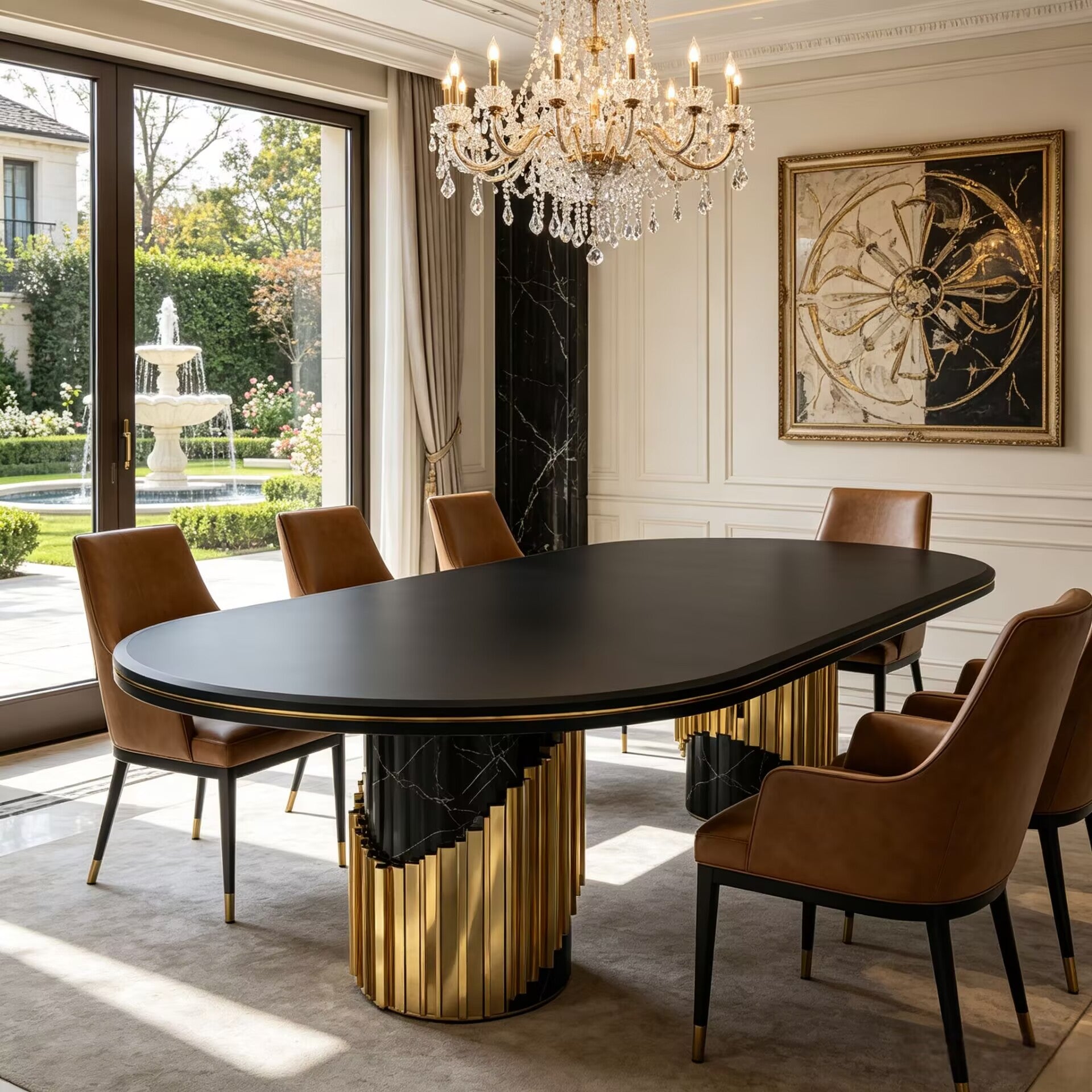 Littus Italian Creativity Brass High-End Marble Oval Dining Table