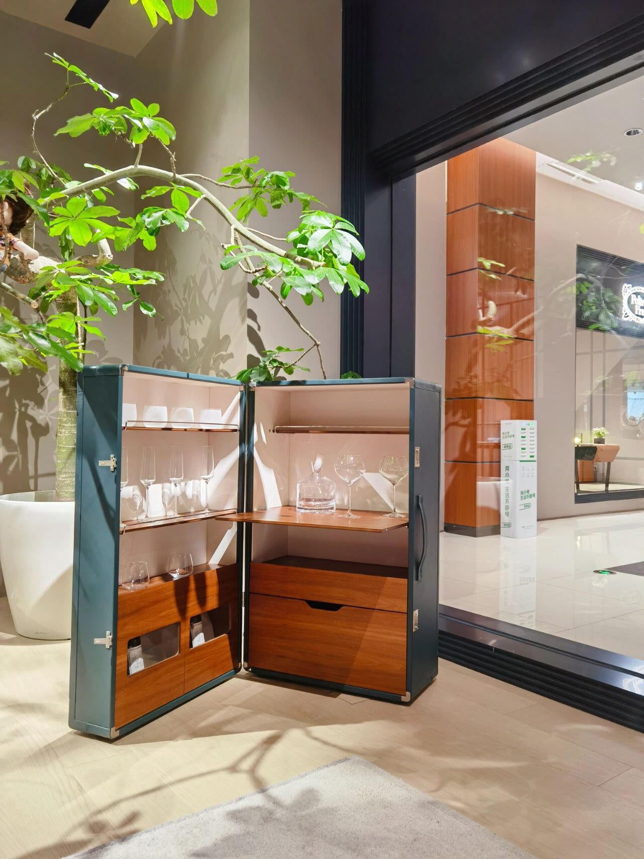 Lsidoro Italian High End Villa Movable Solid Wood Leather Wine Cabinet