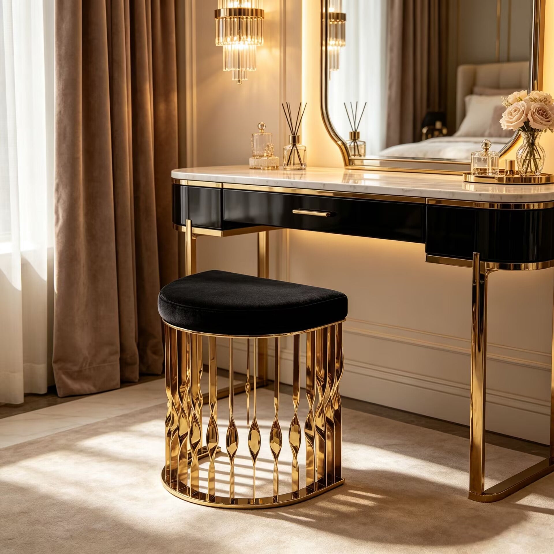 Mandy Luxurious High-End Metal Minimalist Fabric Vanity Stool