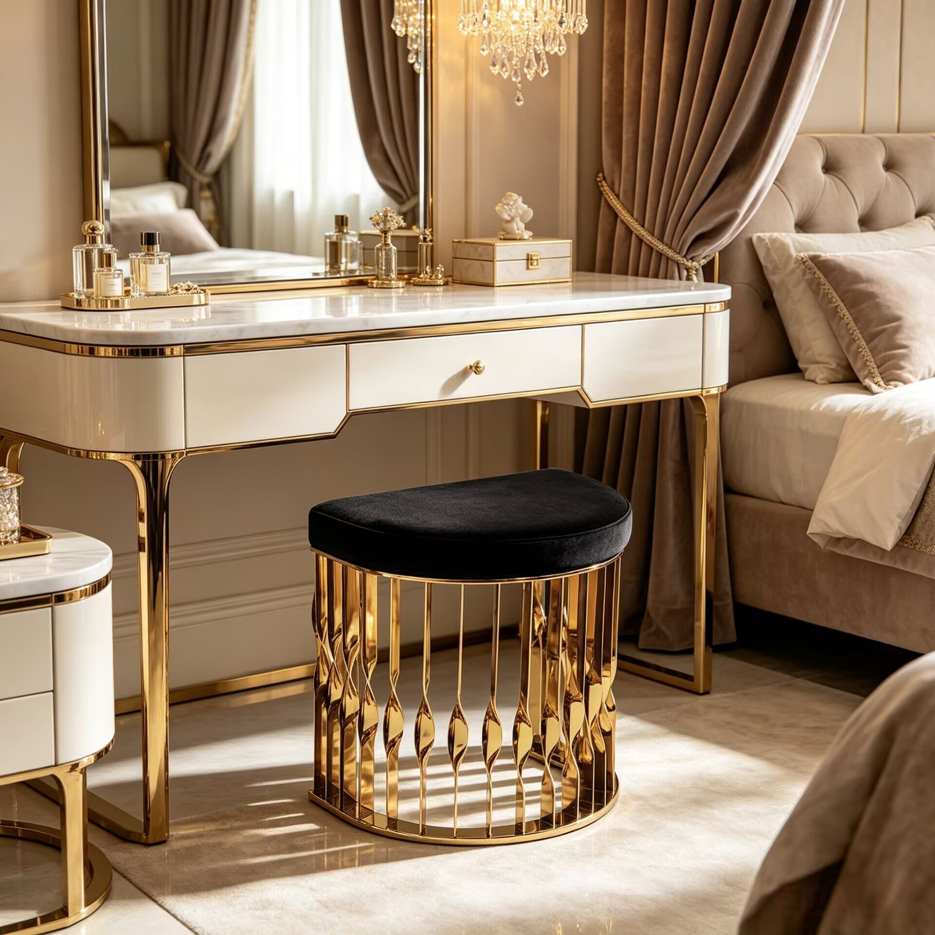 Mandy Luxurious High-End Metal Minimalist Fabric Vanity Stool