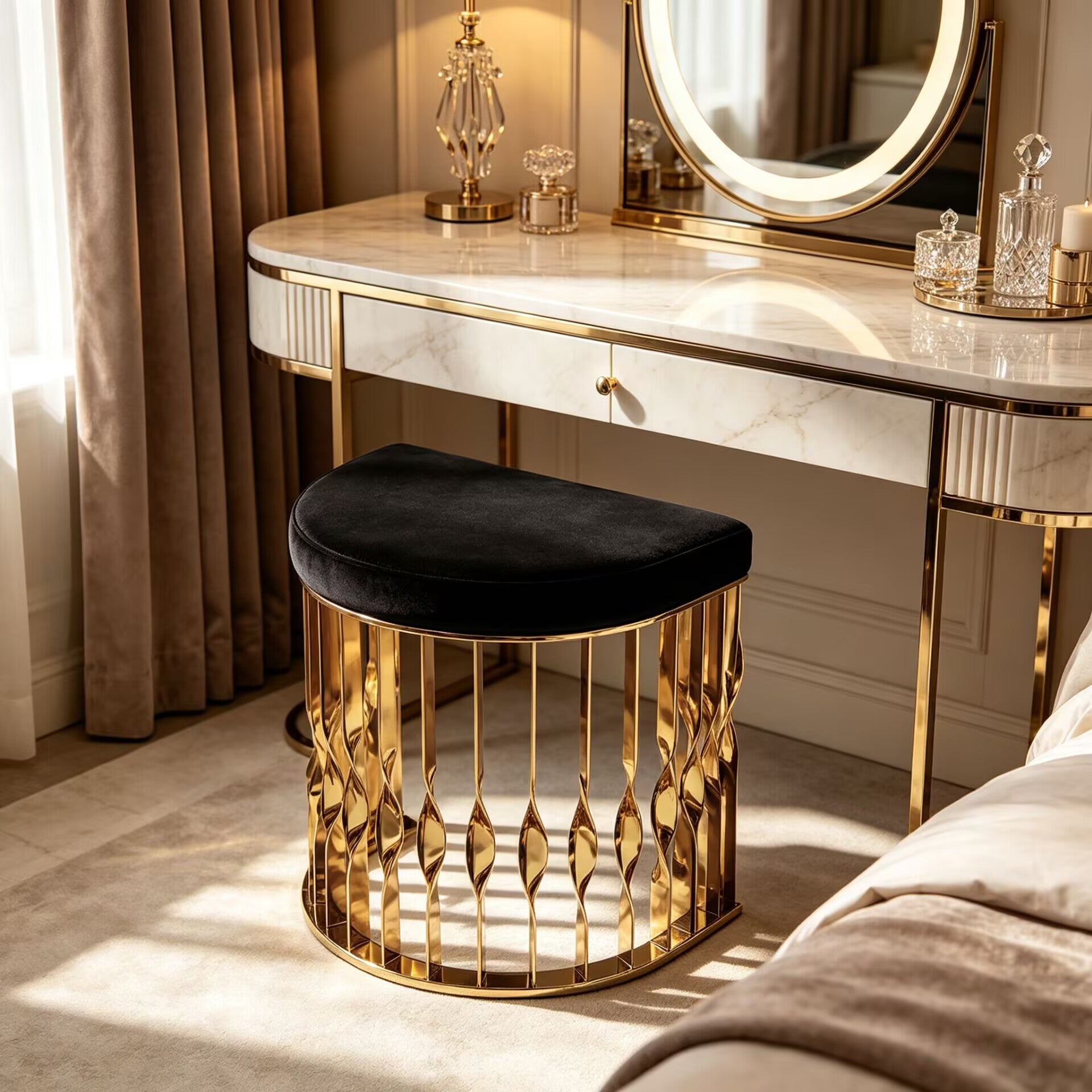 Mandy Luxurious High-End Metal Minimalist Fabric Vanity Stool