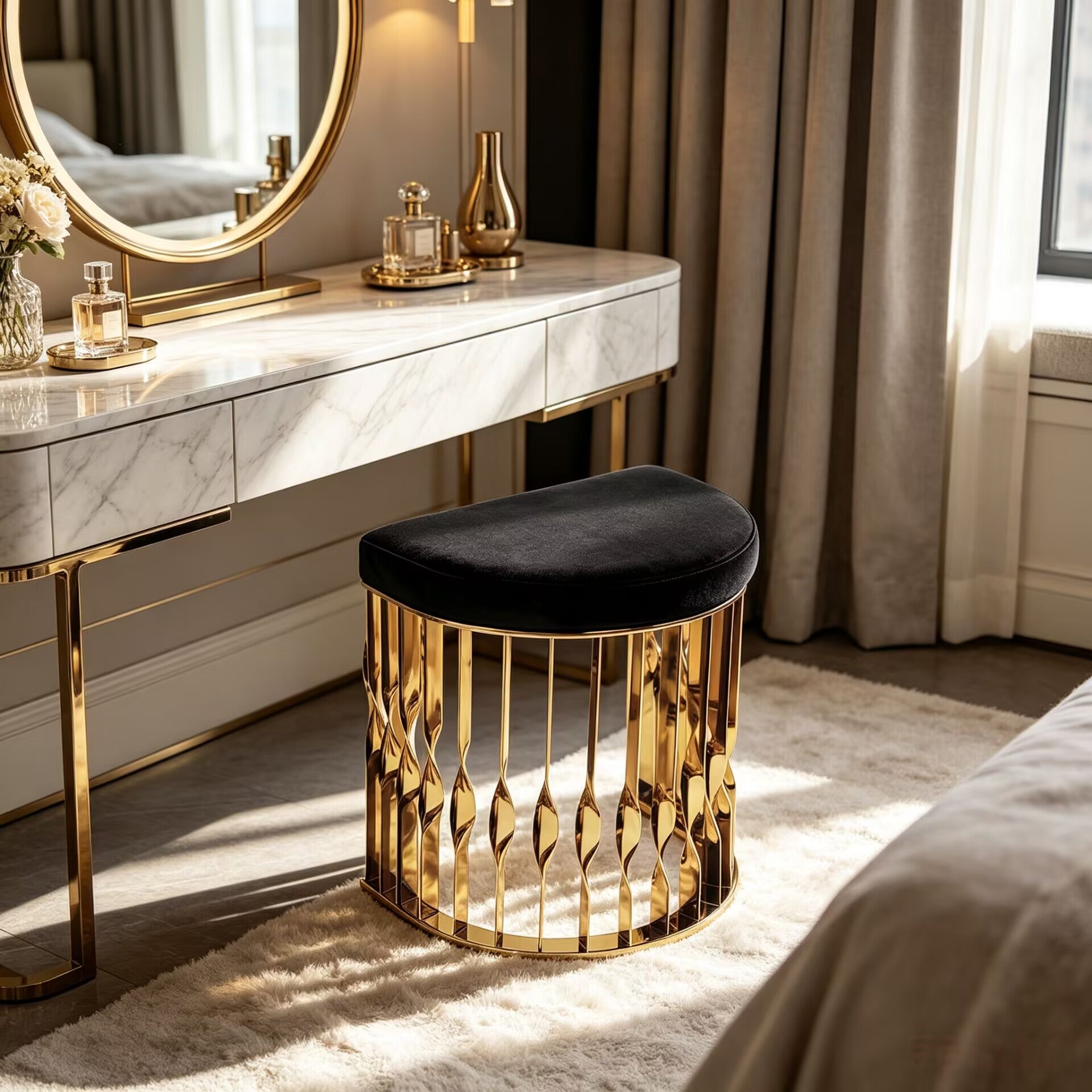 Mandy Luxurious High-End Metal Minimalist Fabric Vanity Stool