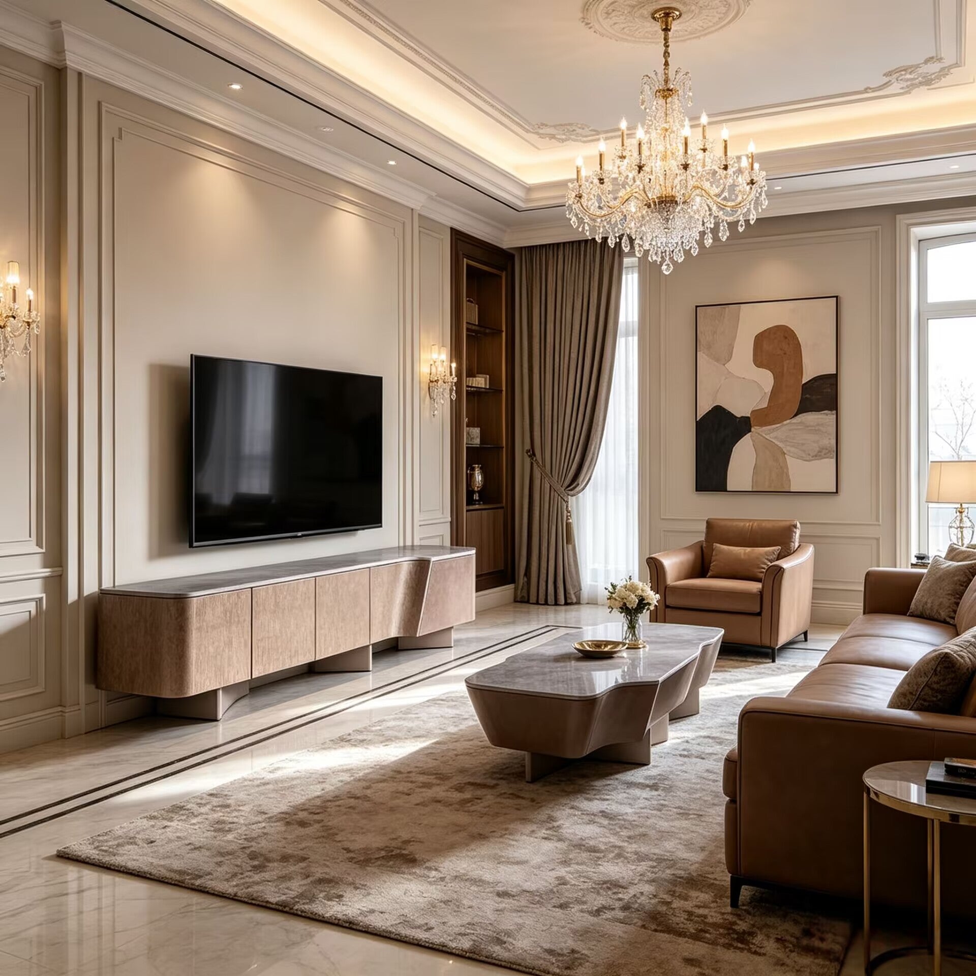 Marla Luxury Minimalism Art Marble Solid Wood Tv Cabinet