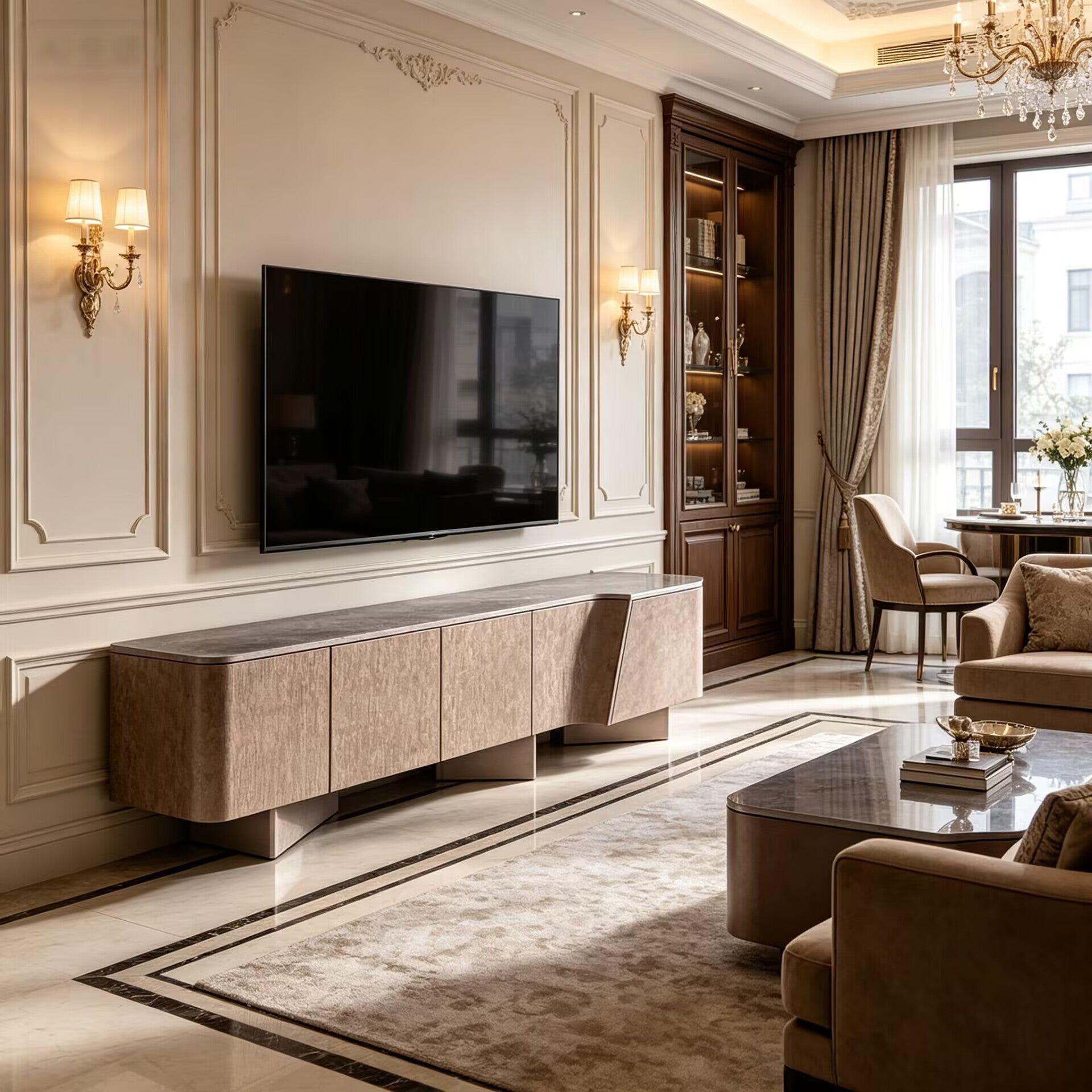 Marla Luxury Minimalism Art Marble Solid Wood Tv Cabinet