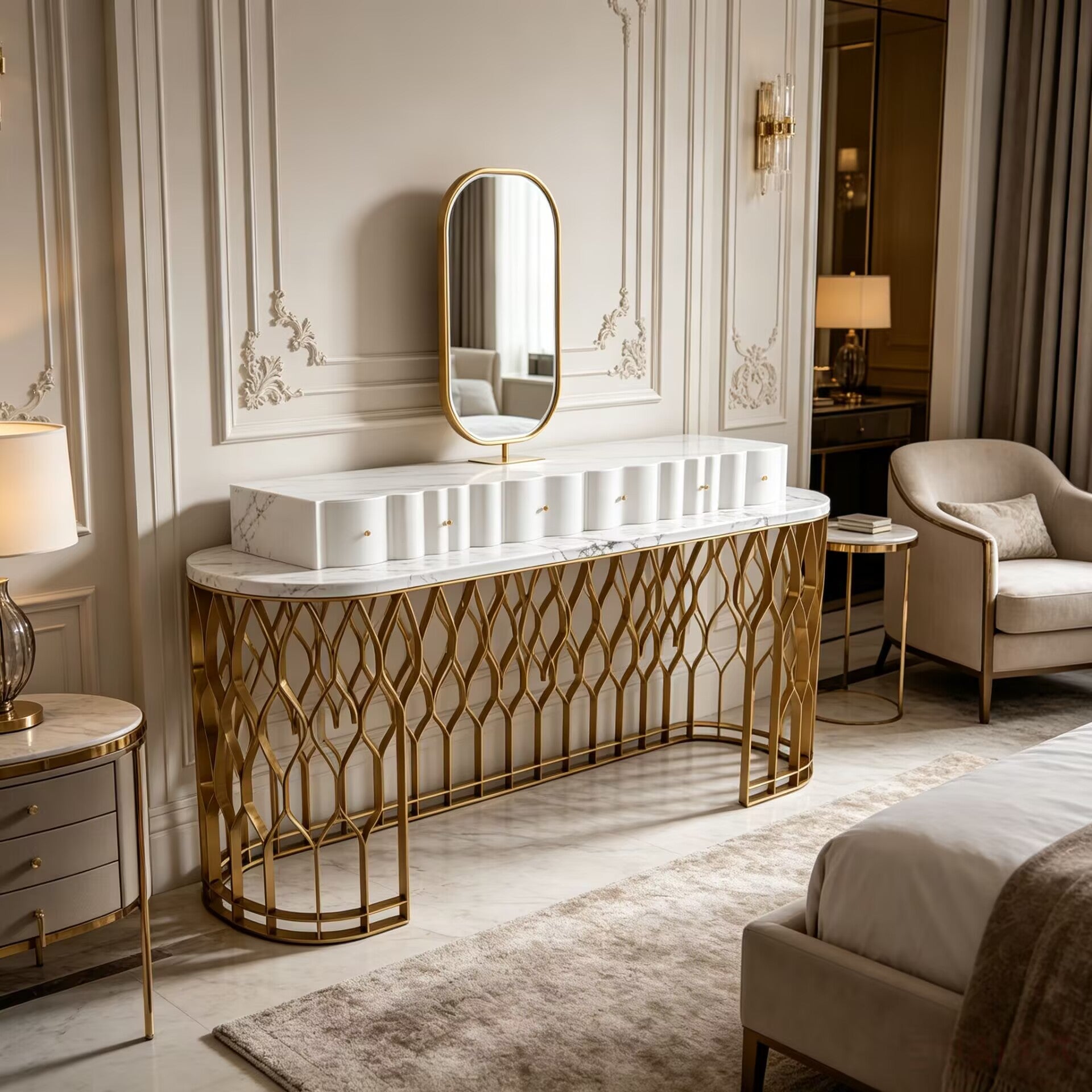 Mecca Designer Art Metal Cutout Upscale Marble Dressing Table