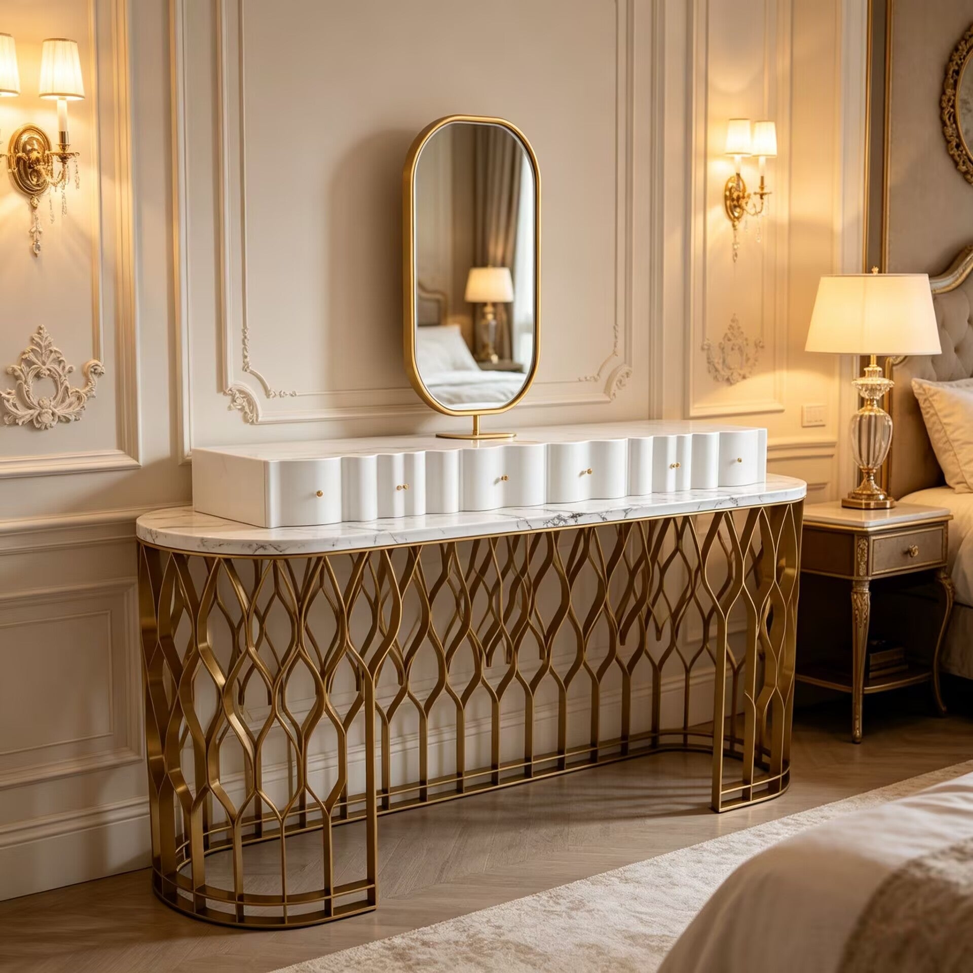 Mecca Designer Art Metal Cutout Upscale Marble Dressing Table