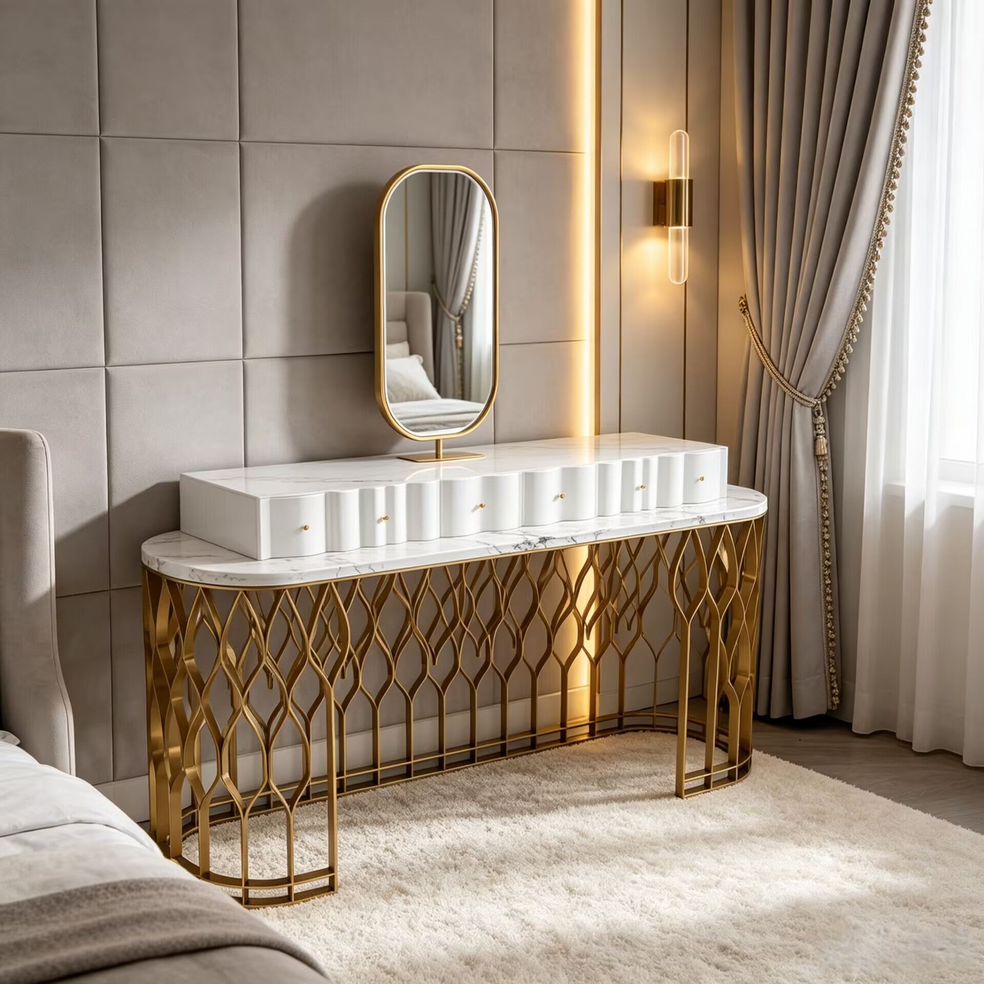 Mecca Designer Art Metal Cutout Upscale Marble Dressing Table