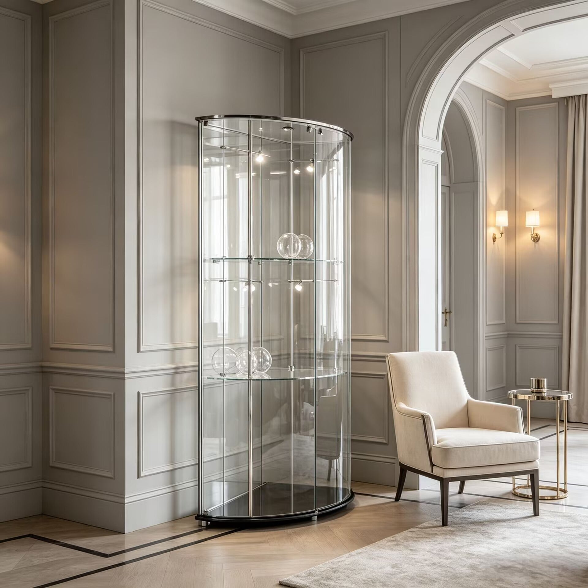 Mega Modern Designer Unique Creativity Arc Glass Display Cabinet