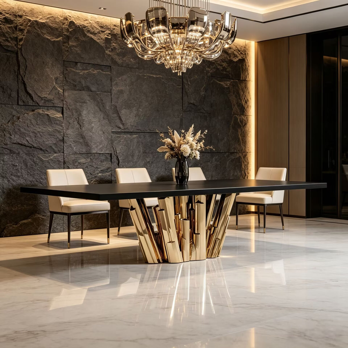 Meta Crystal Designer Unique Metal Solid Wood Rectangle Dining Table