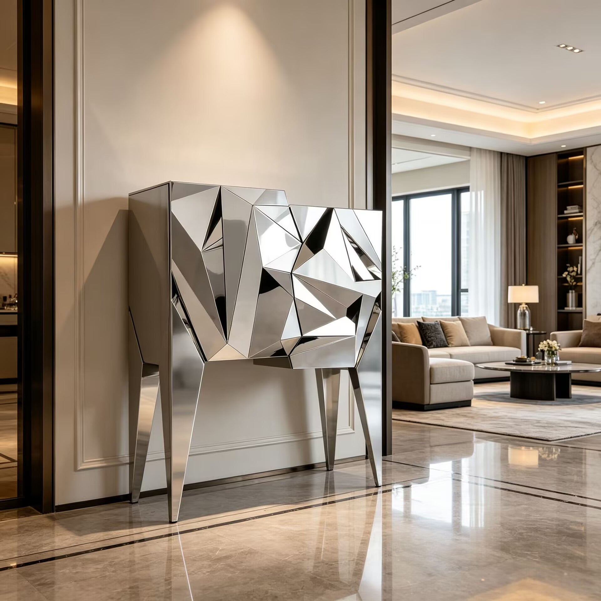 Mineral Mirror Surface Geometry High-End Metal Wine Cabinet