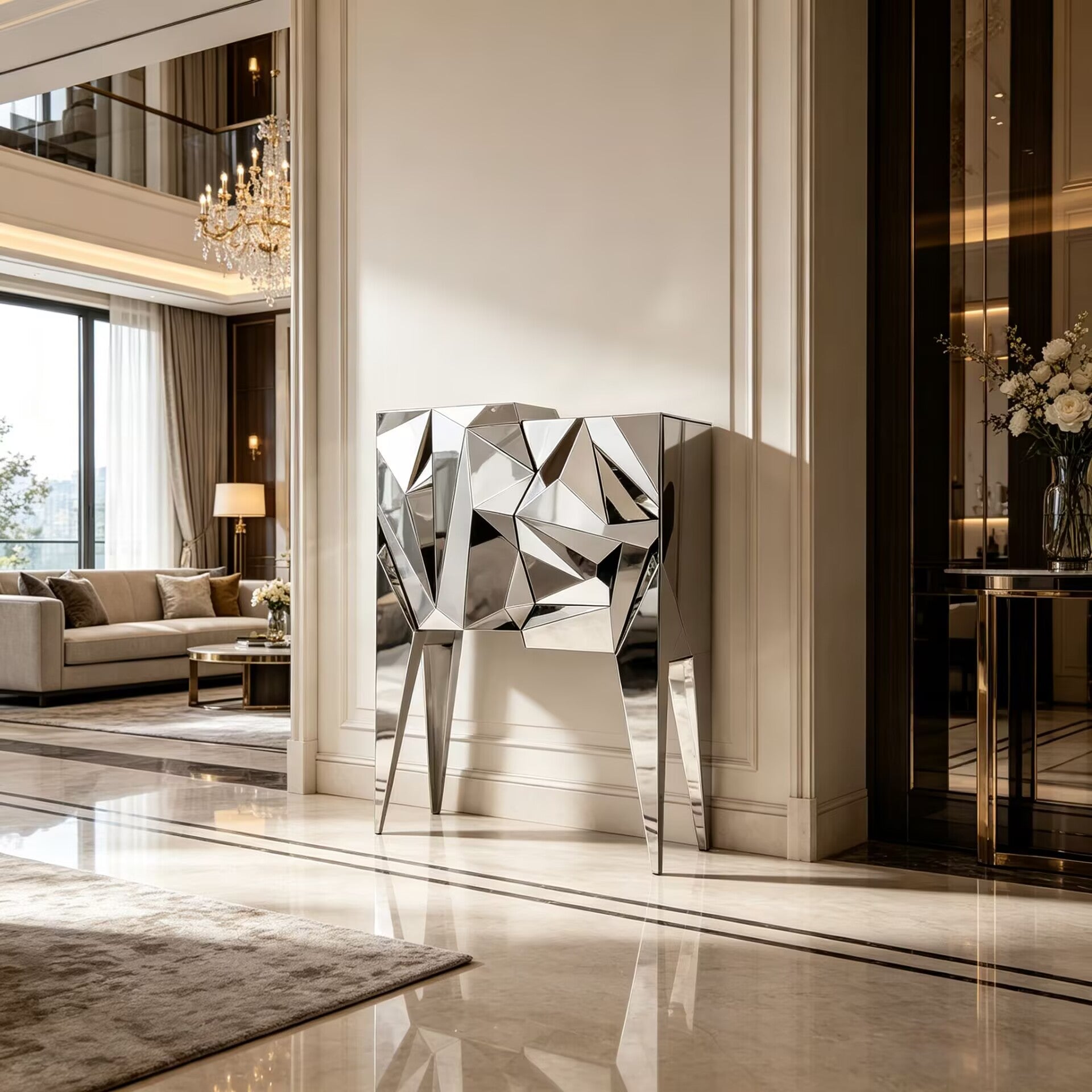 Mineral Mirror Surface Geometry High-End Metal Wine Cabinet