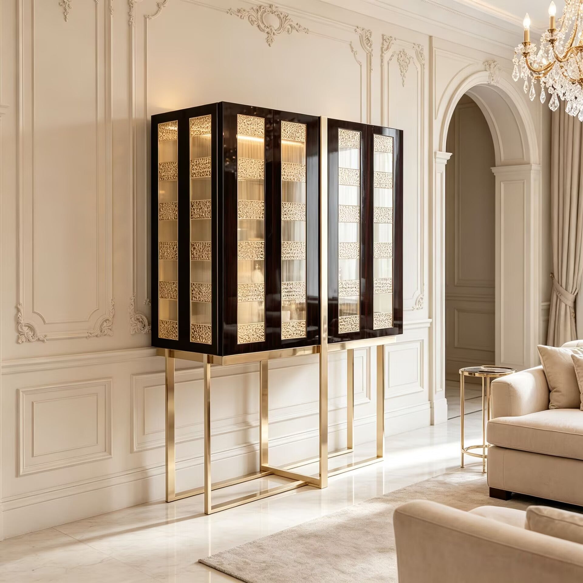 Mondrian Designer Stainless Steel Minimalist Solid Wood Wine Cabinet