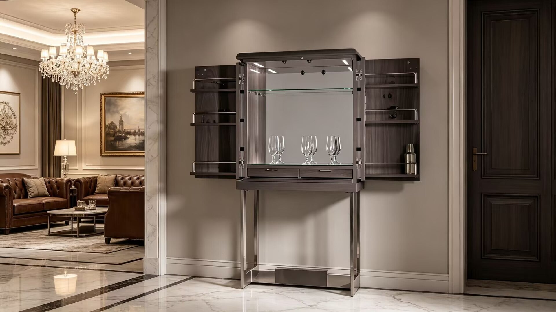 Mon High-End Stainless Steel Simple Solid Wood Wine Cabinet