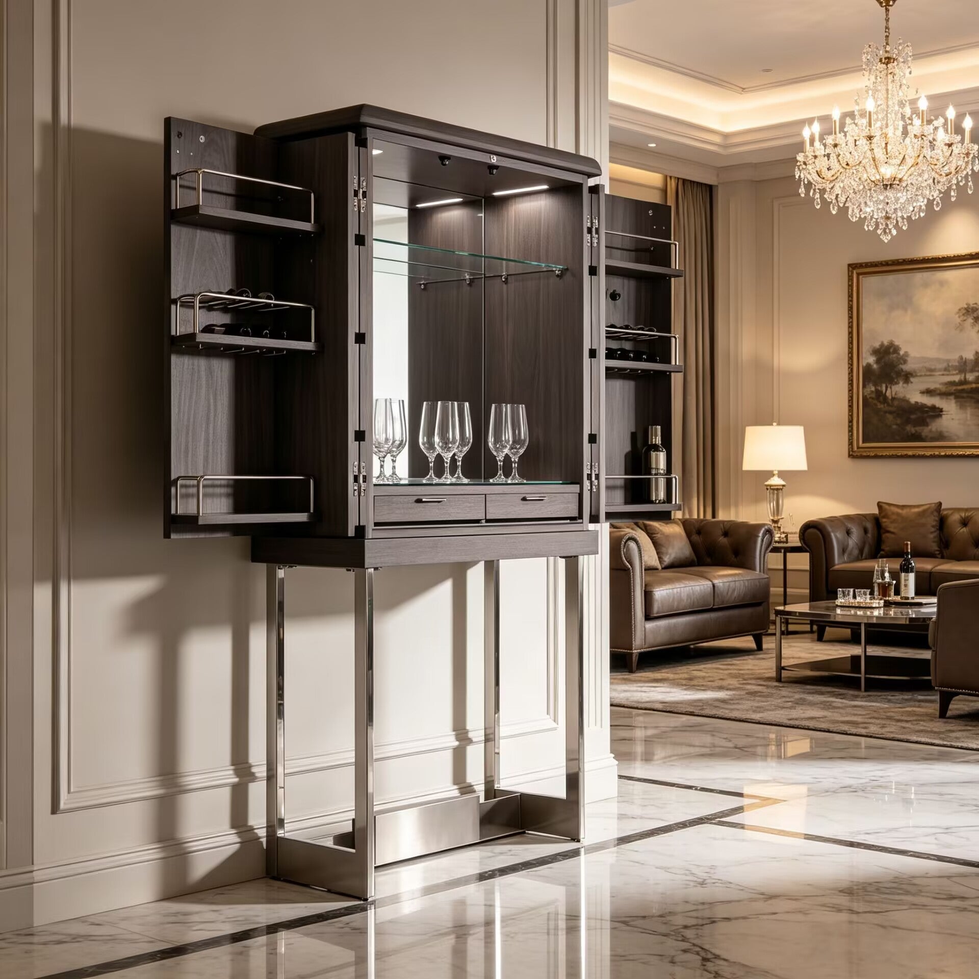 Mon High-End Stainless Steel Simple Solid Wood Wine Cabinet