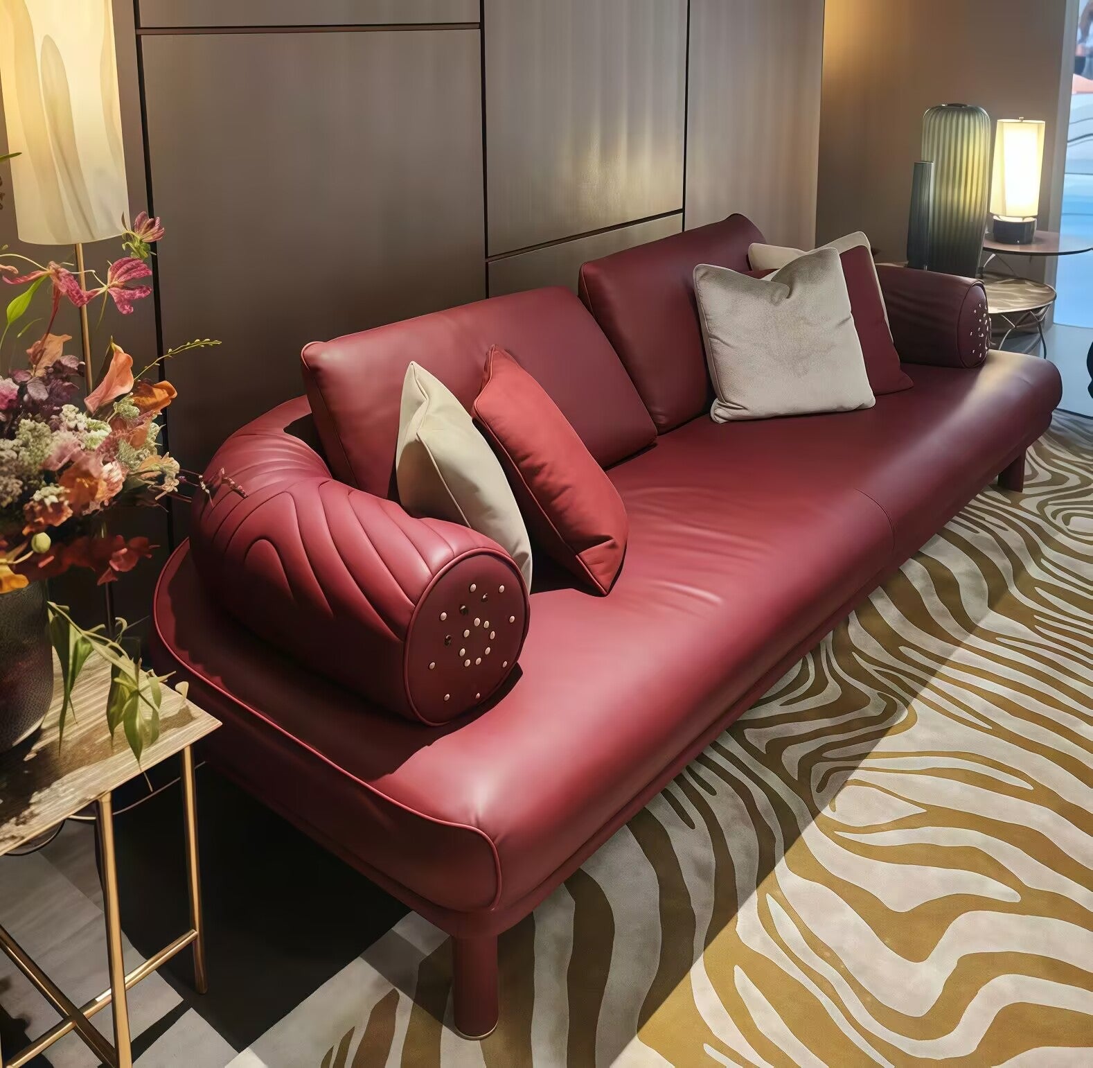 Nevada Artistic Villa Retro Claret Genuine Leather Commission Sofa