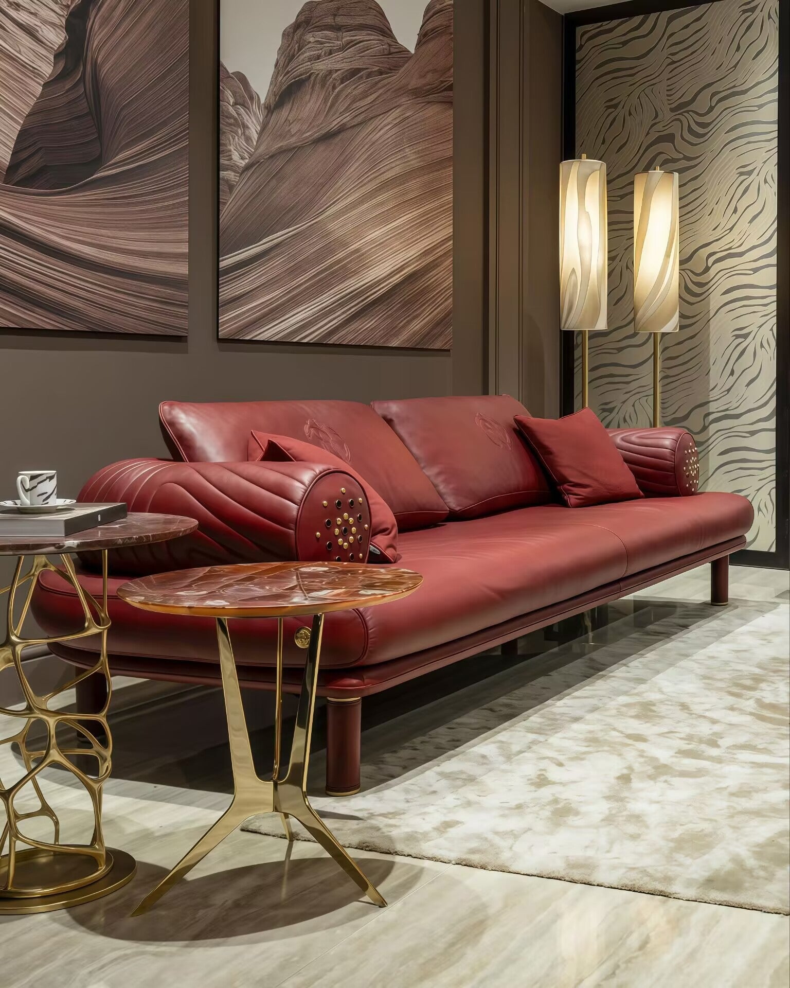 Nevada Artistic Villa Retro Claret Genuine Leather Commission Sofa