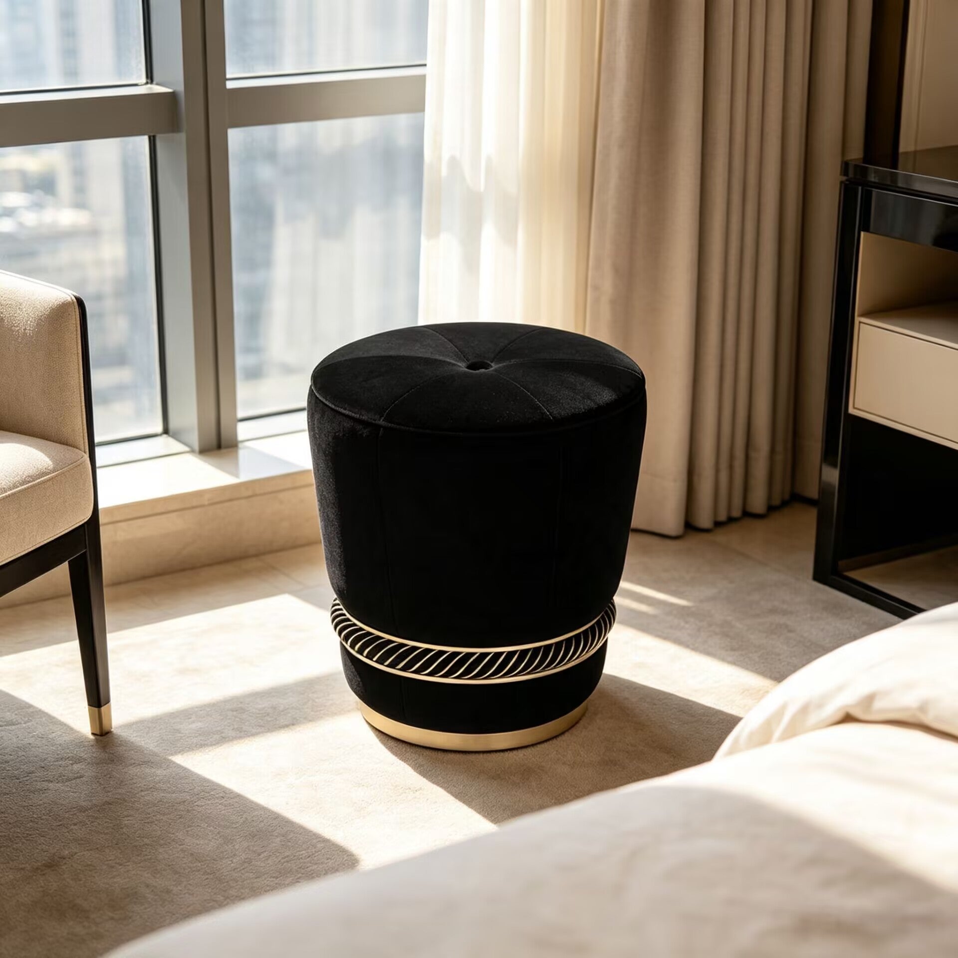Noir Luxurious High Quality Solid Wood Creativity Fabric Vanity Stool