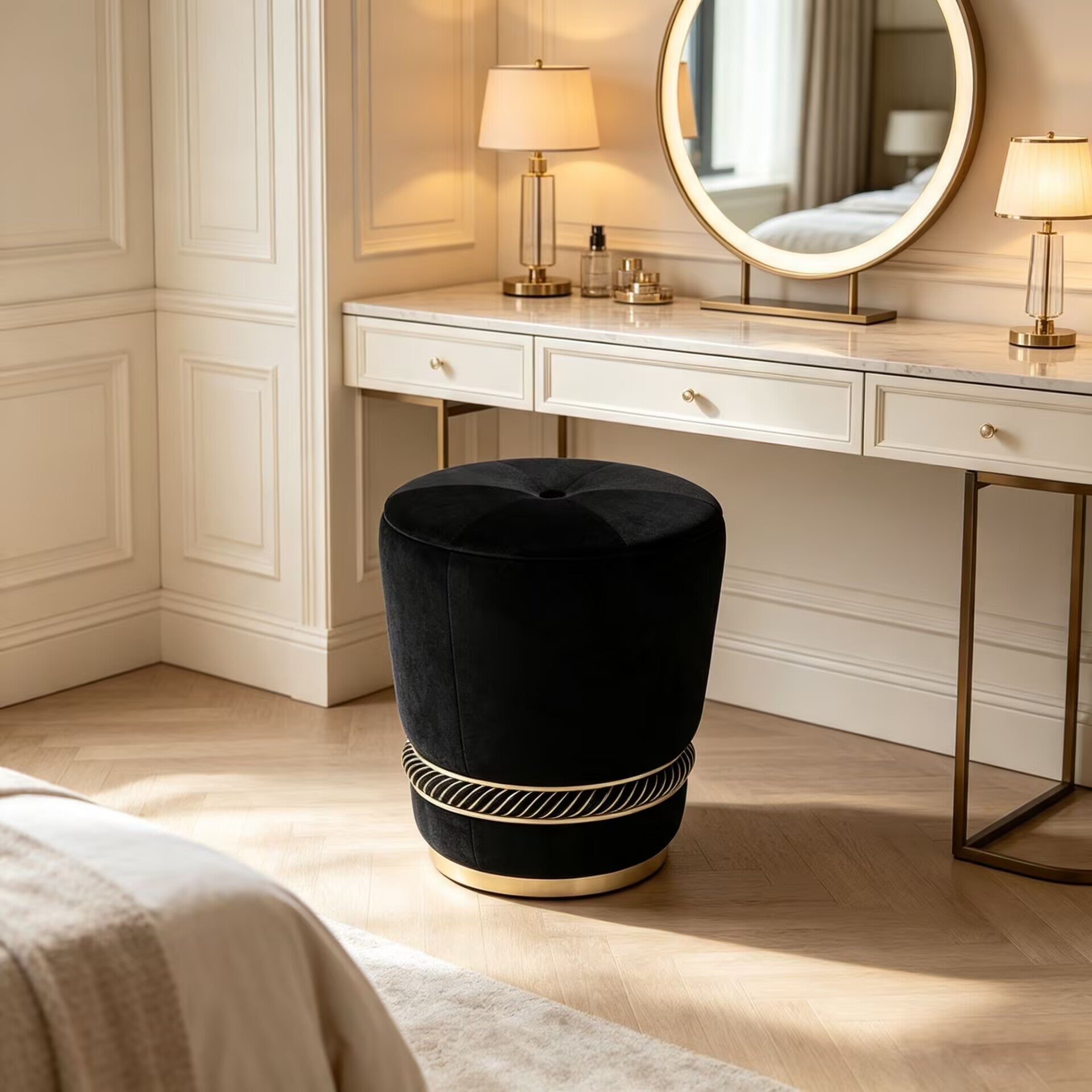 Noir Luxurious High Quality Solid Wood Creativity Fabric Vanity Stool