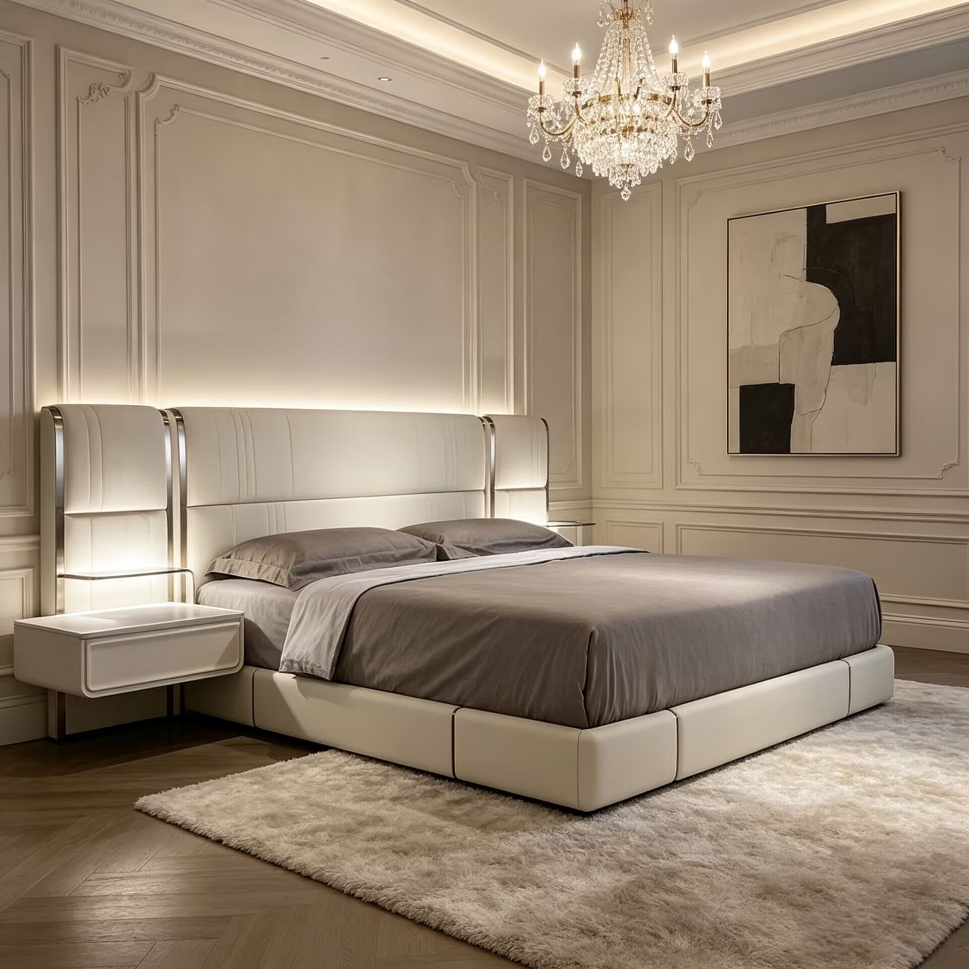 Nov Italian Artistic Bedroom Genuine Leather Customize Double Bed