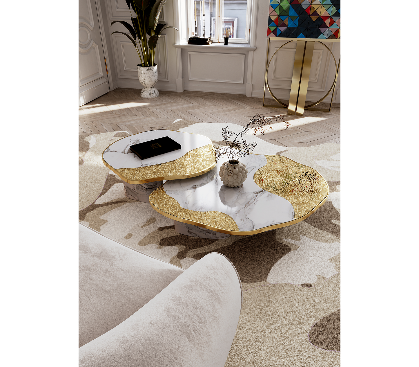 ophelia calacatta marble and gold center table
