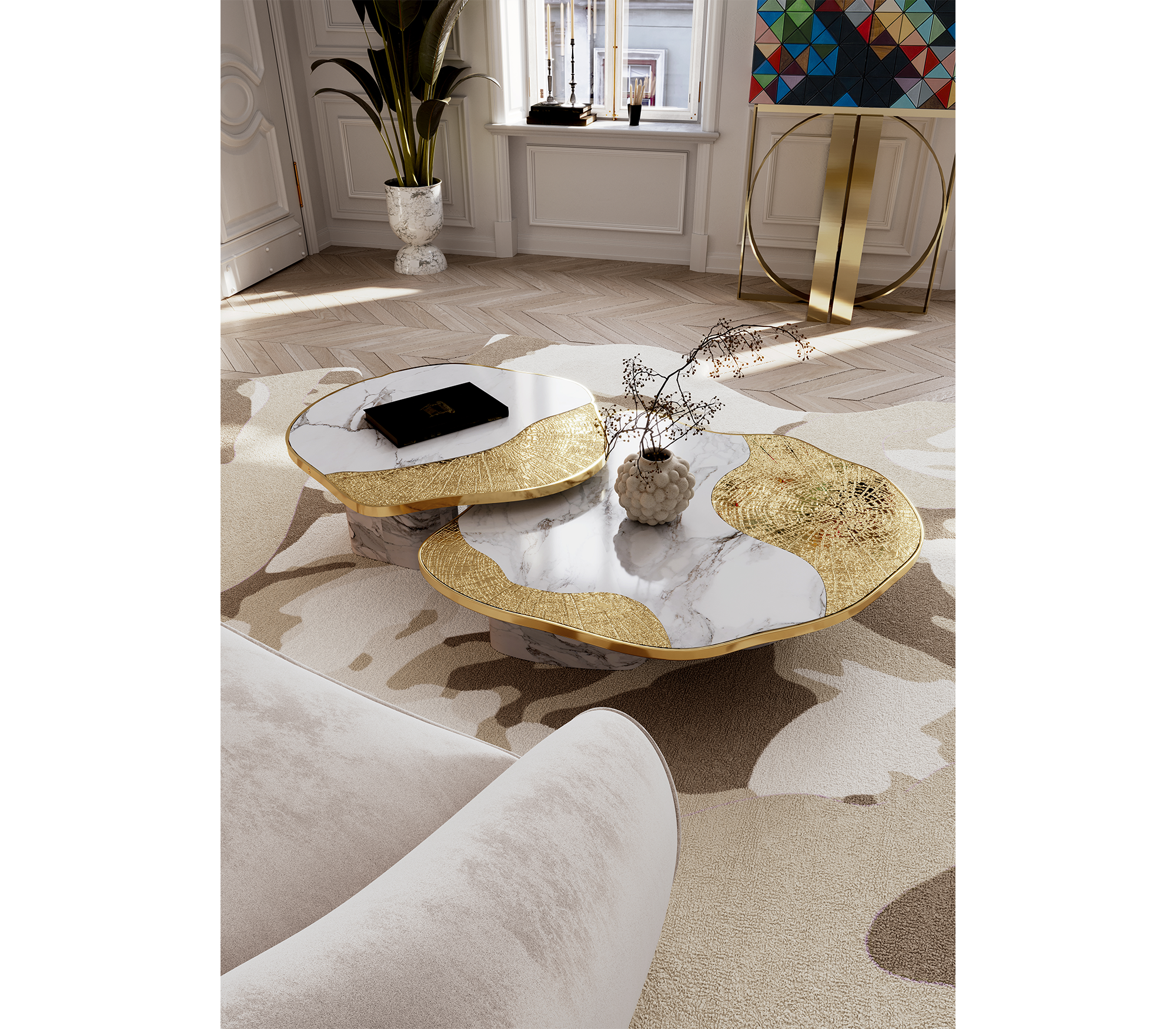 ophelia calacatta marble and gold center table