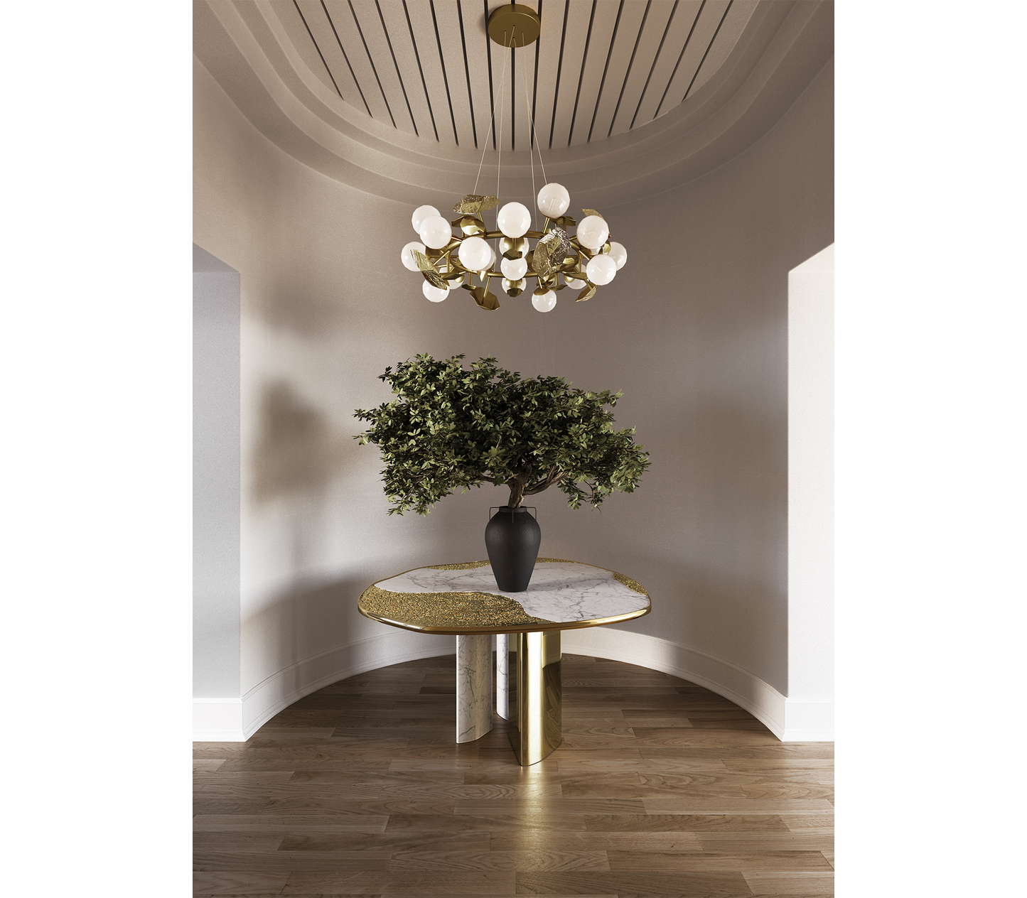 OPHELIA ROUND DINING TABLE BRASS ETCHING PROCESS LUXURIOUS RESTAURANT