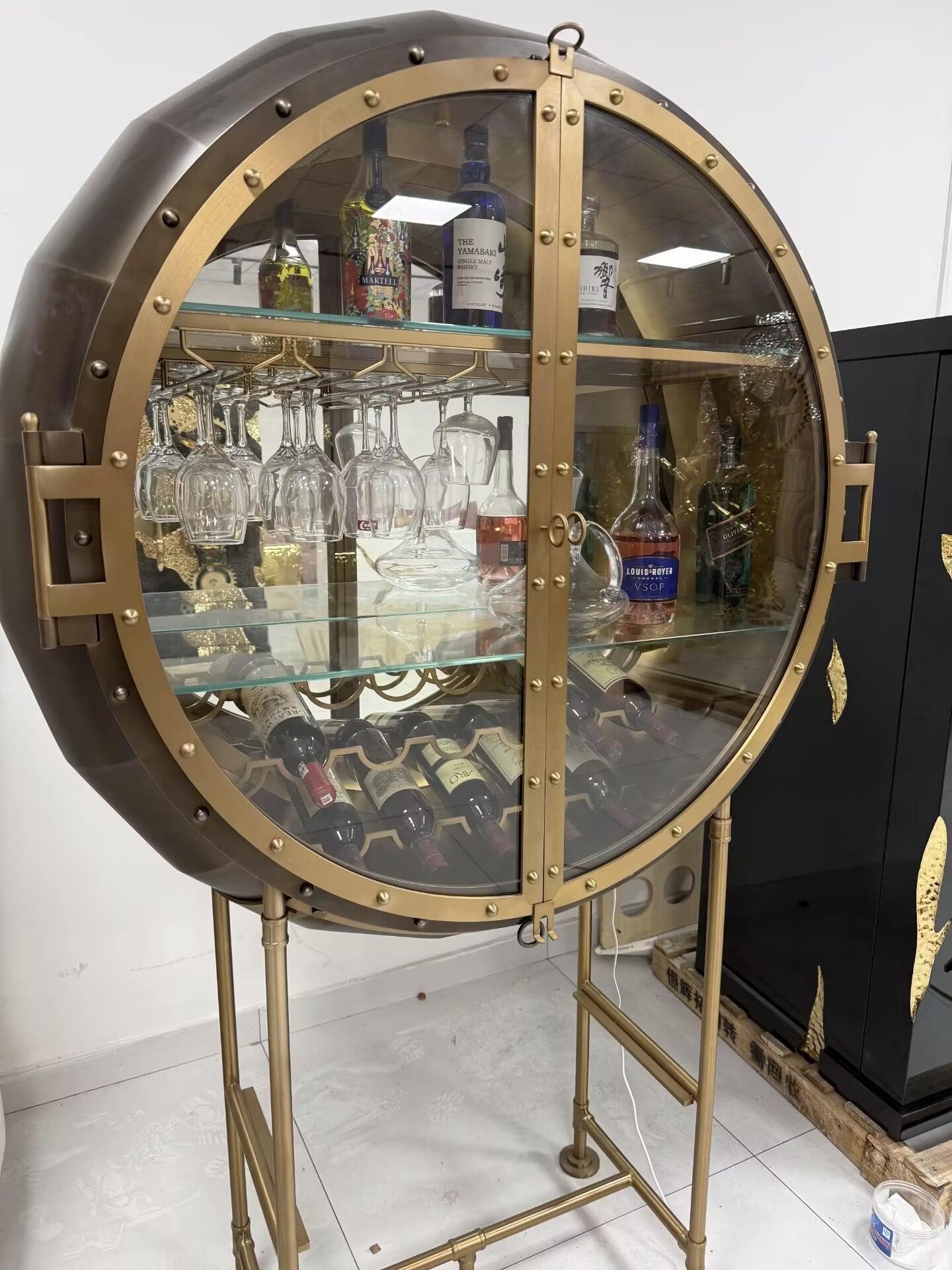 Porthole High-End Irregular Metal Glass Customize Wine Cabinet